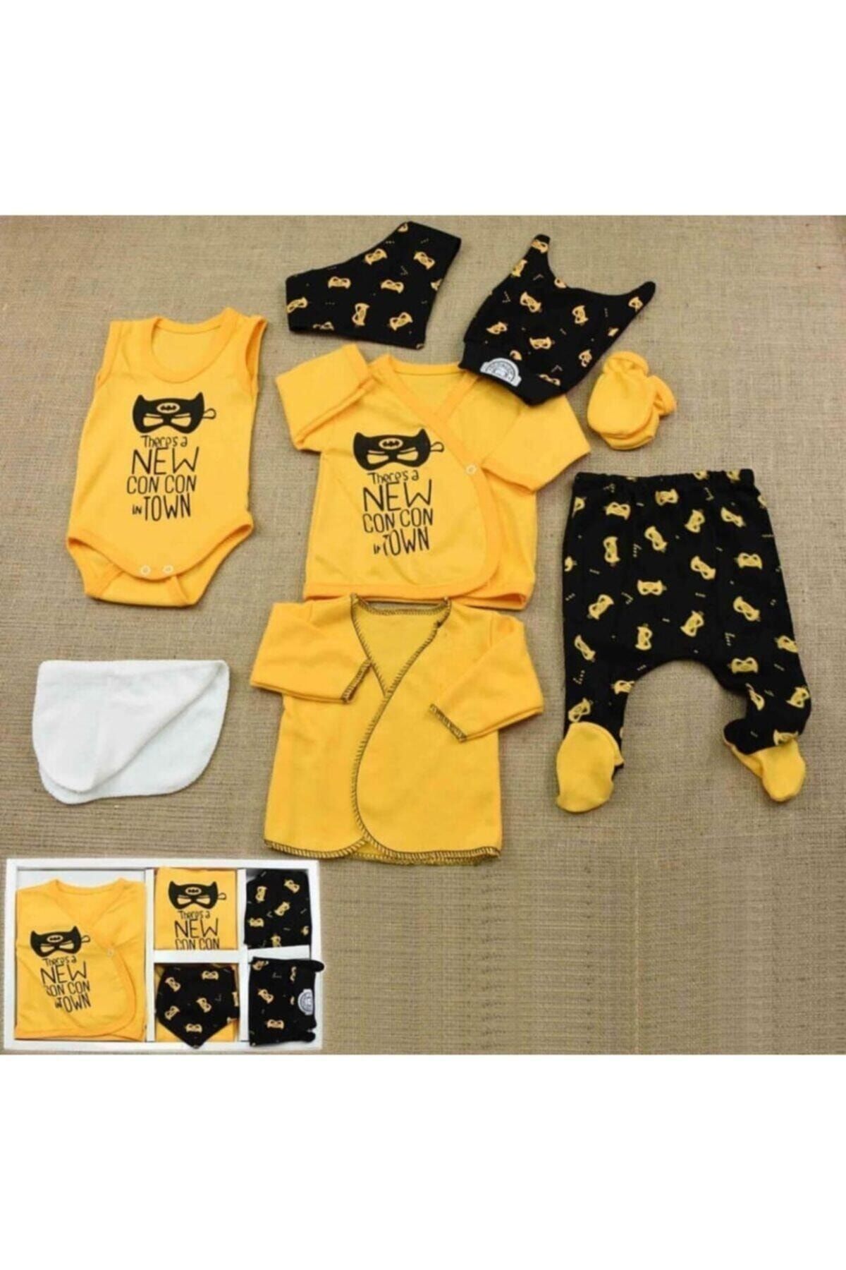 Donino Baby Erkek Bebek Siyah -Sarı Concon Baby Hastane Çıkış Seti Batman Desenli 8'li Yeni Doğan