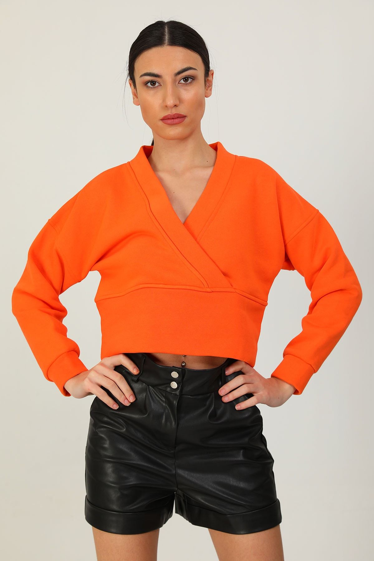 GÜLSELİ Orange Kadın Şardonlu Ön Kruvaze Sweatshirt