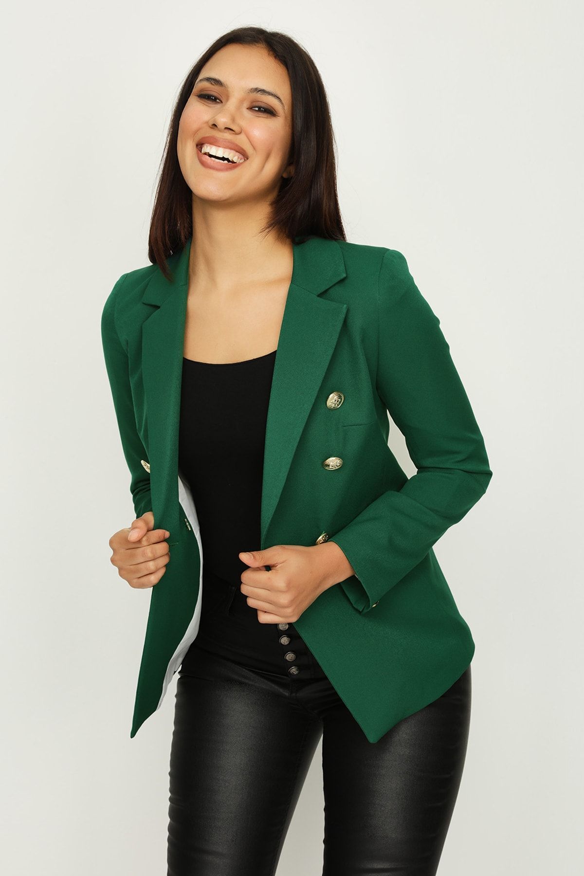 Select Moda Kadın Koyu Yeşil Gold Düğme Kapamalı Astarlı Blazer Ceket