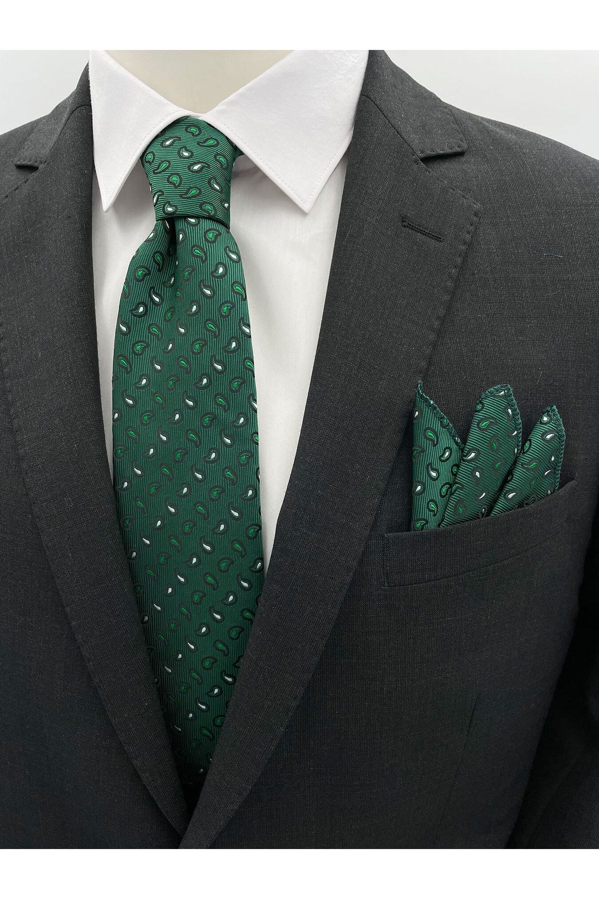 Brianze Yeşil Küçük Şal Desen Kravat Mendil Set