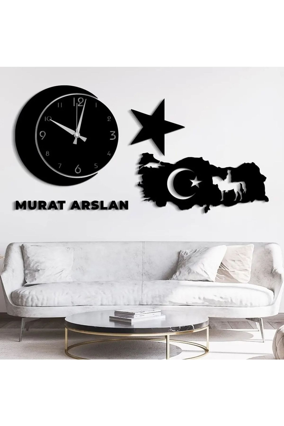 PLANET STORE Ahşap Ay Yıldız Türkiye Haritalı Motif ve Duvar Saati (isme Özel)