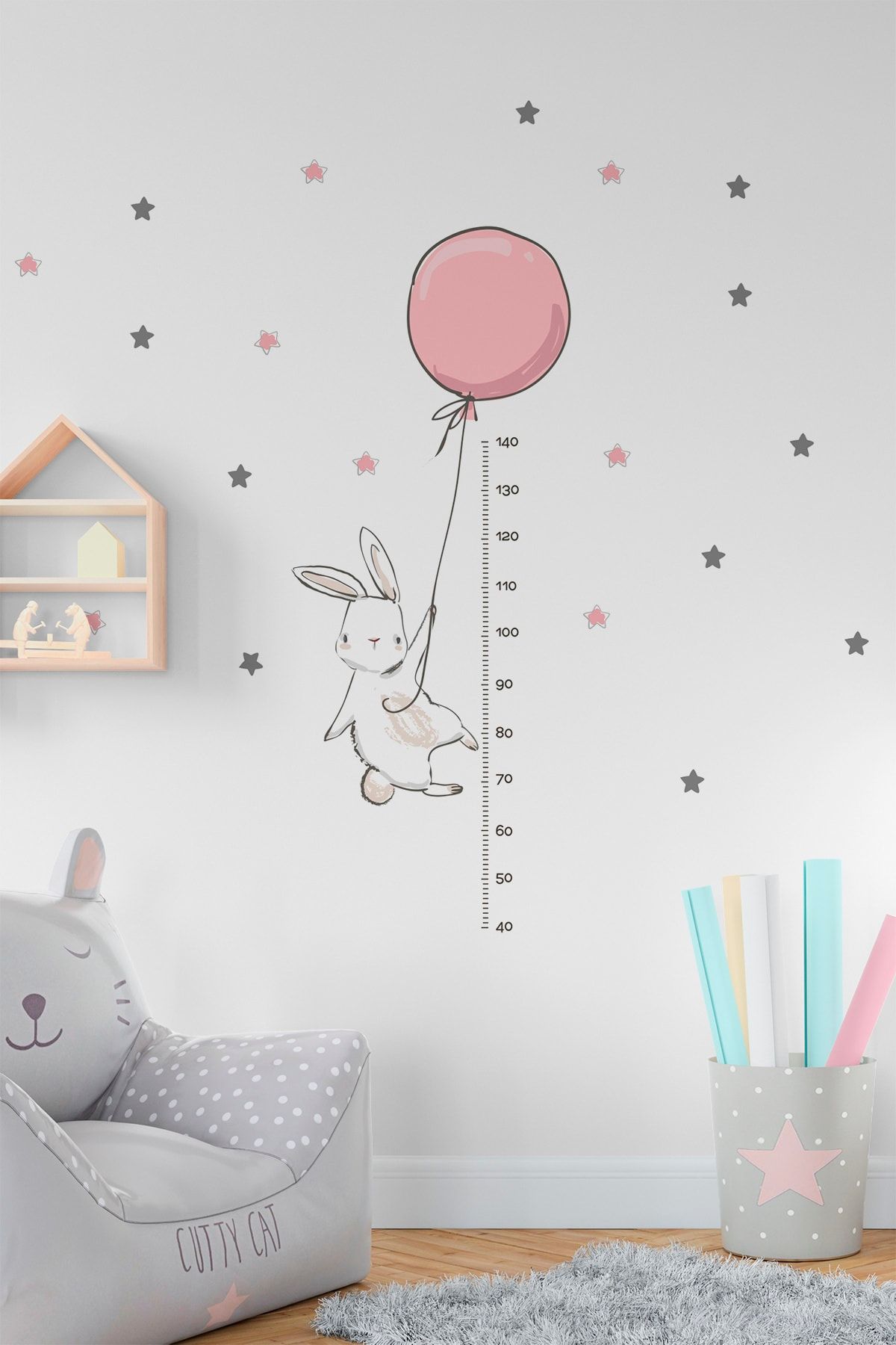 TUGİBU Bebek Çocuk Odası Balonlu Tavşan Boy Ölçer Duvar Sticker Seti