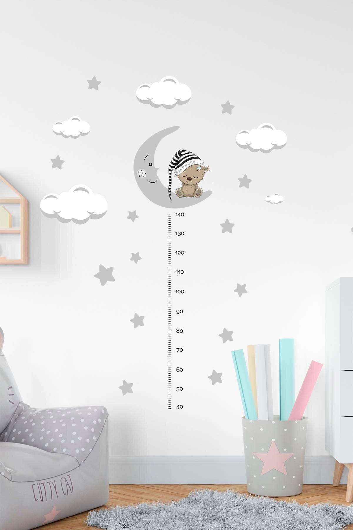 TUGİBU Bebek Odası Ay Gri Yıldız Boy Ölçer Duvar Sticker Seti