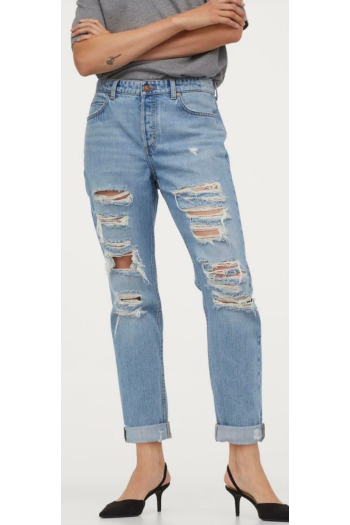 Hepsibitarz Kadın Mavi H&m Mom Fit Yırtıklı Jeans Denim Kot Orjinal Ithal Bayan Pantolon