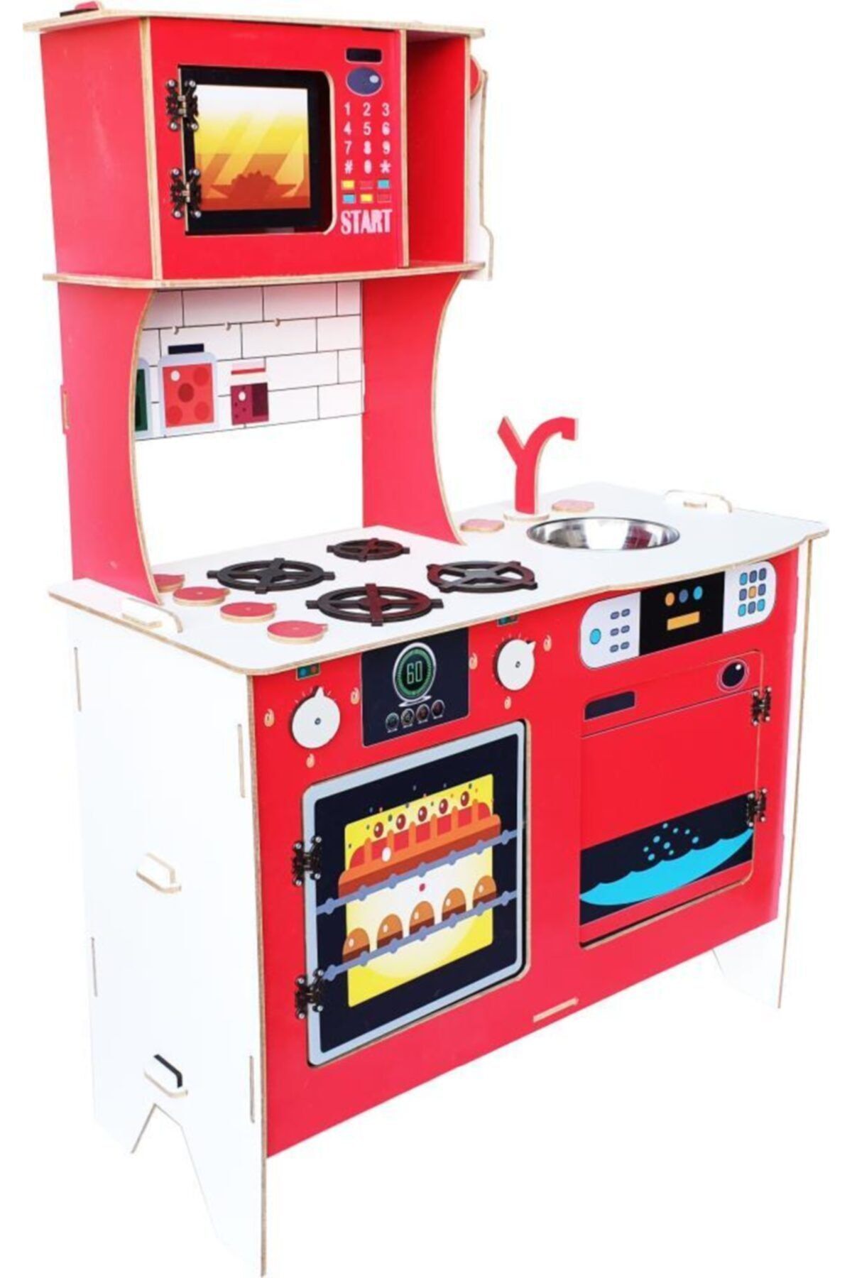 WoodyLife Ahşap Çocuk Oyuncak Mutfak Seti104 Cm Uv Baskılı Pastalı Kırmızı Evcilik Oyuncak Kutu