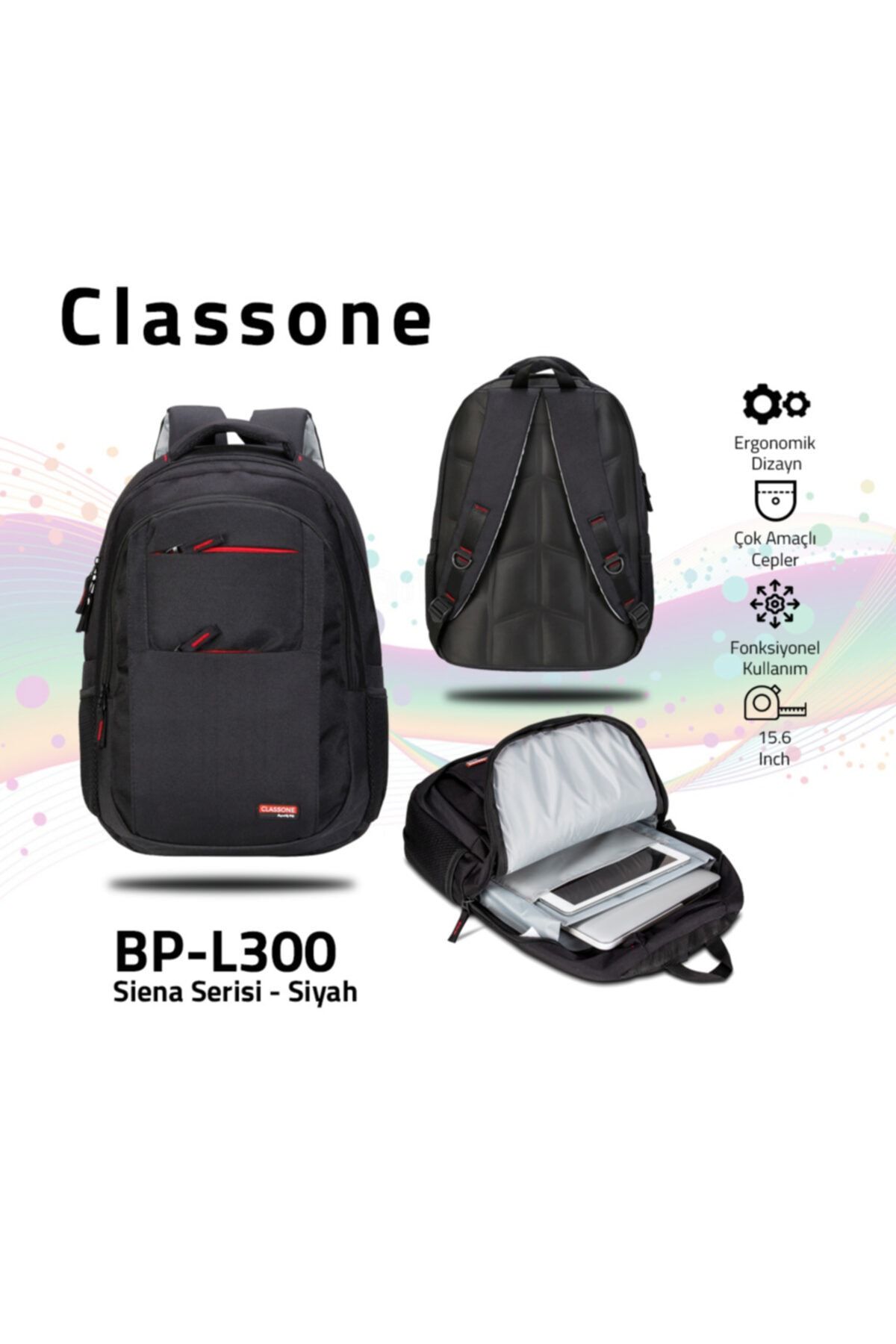 Classone BP-L300 Siena WTXpro Su Geçirmez Kumaş 15,6 Notebook, Laptop Sırt Çantası -Siyah