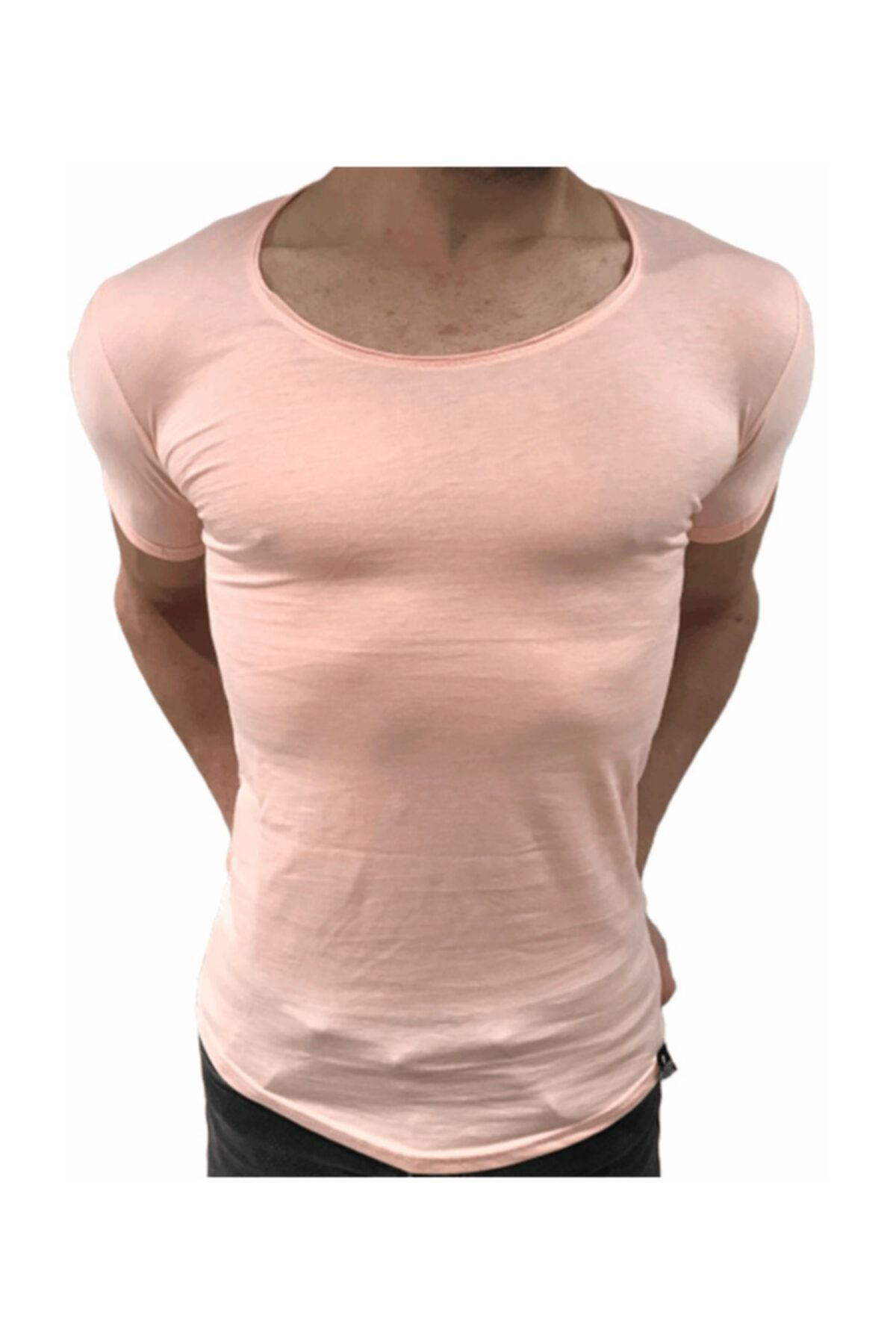 BYBÜLENT Erkek Oval Yaka Tişört Açık Yaka Likralı Slim Fit T-shirt Pembe Vr041