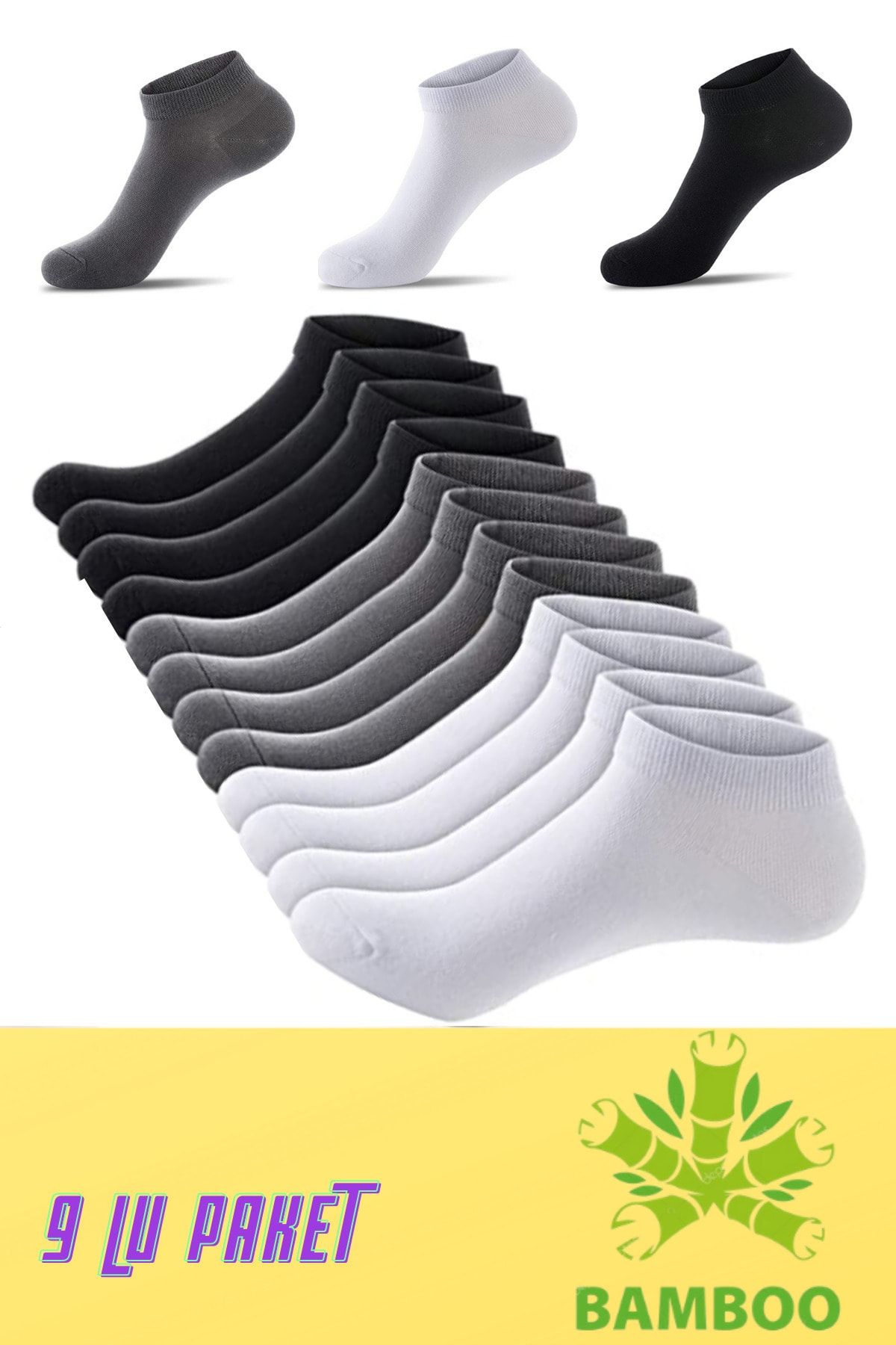 socksbox 9 Çift Bambu Dikişsiz Soft Kısa Çorap/siyah-beyaz-gri