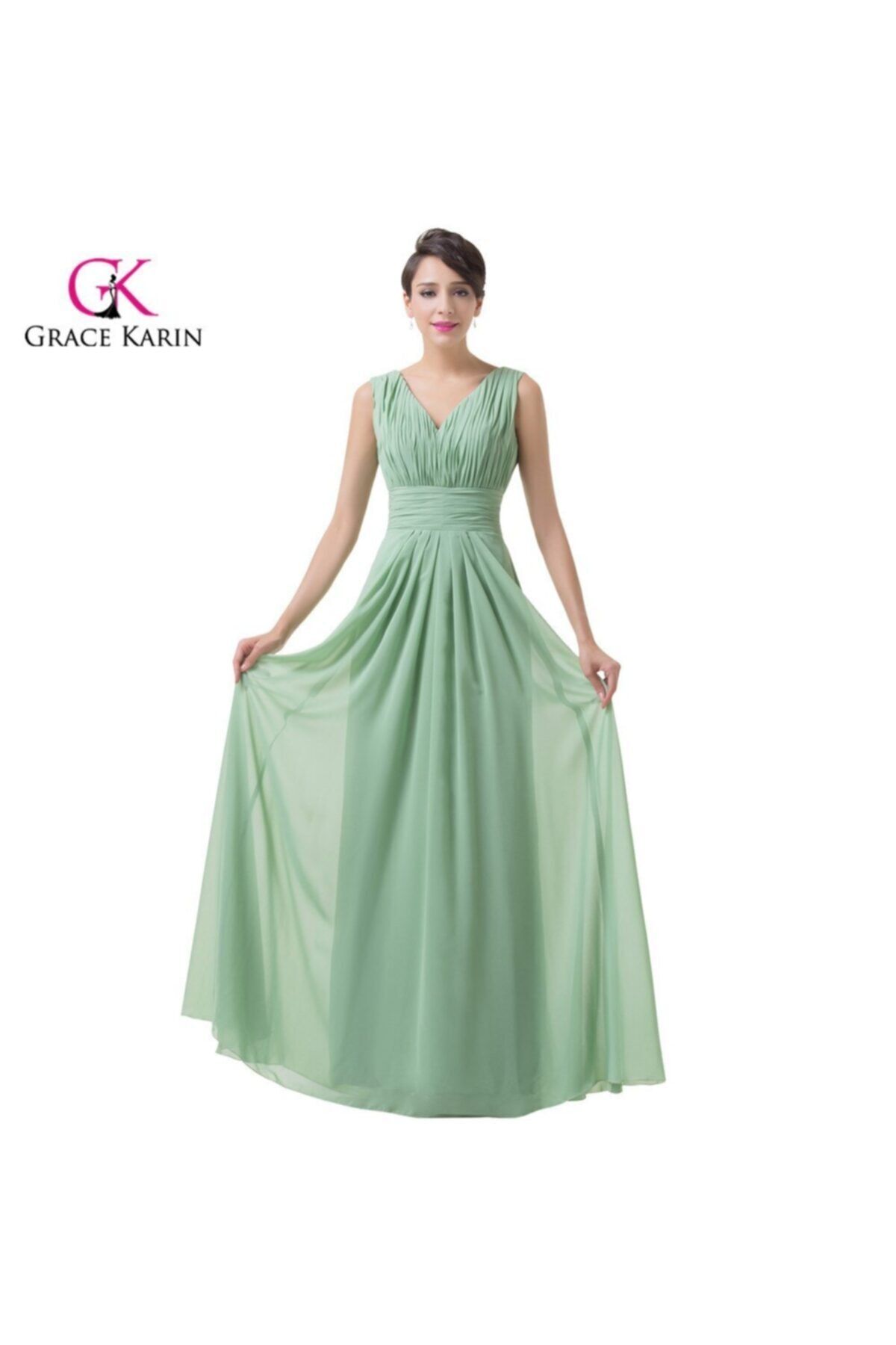 Gigs Fashion Brands Yeşil V Yaka Piliseli Şifon Abiye
