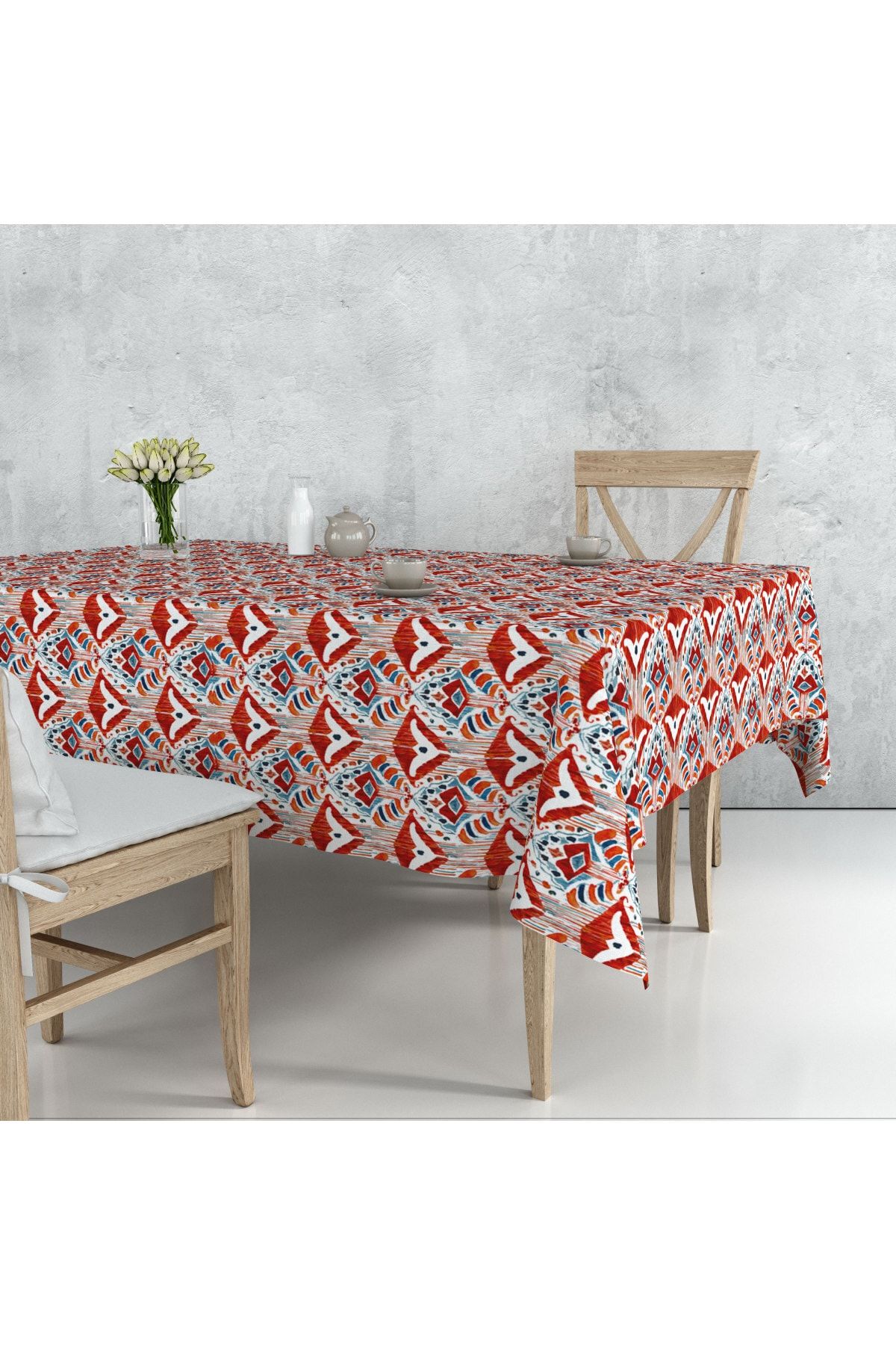 Pilloveland Masa Örtüsü Kırmızı Ikat Desenli 140*180 Cm Süet Dokuma