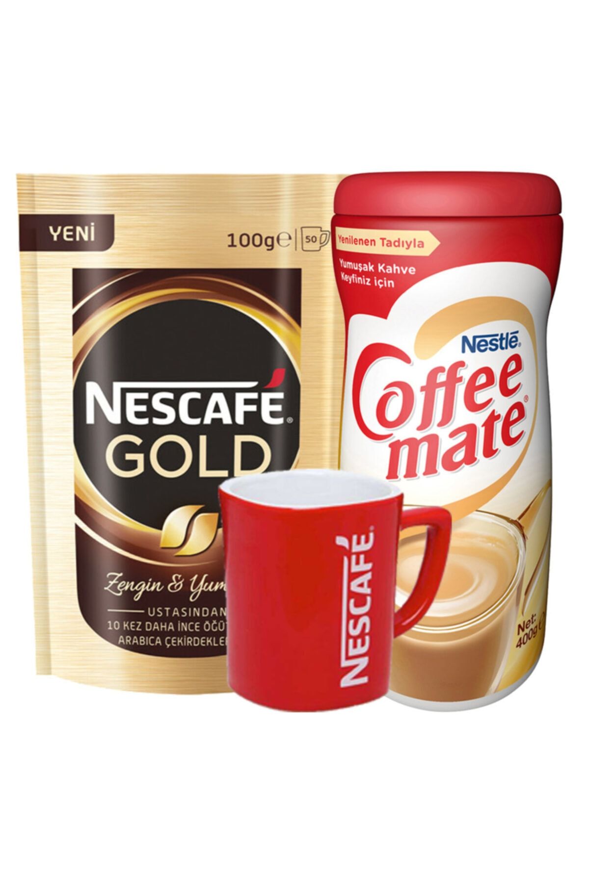 Nescafe Gold Hazır Kahve Eko Paket 100 Gr + Coffee Mate Kahve Kreması 400 Gr + Kupa Bardak