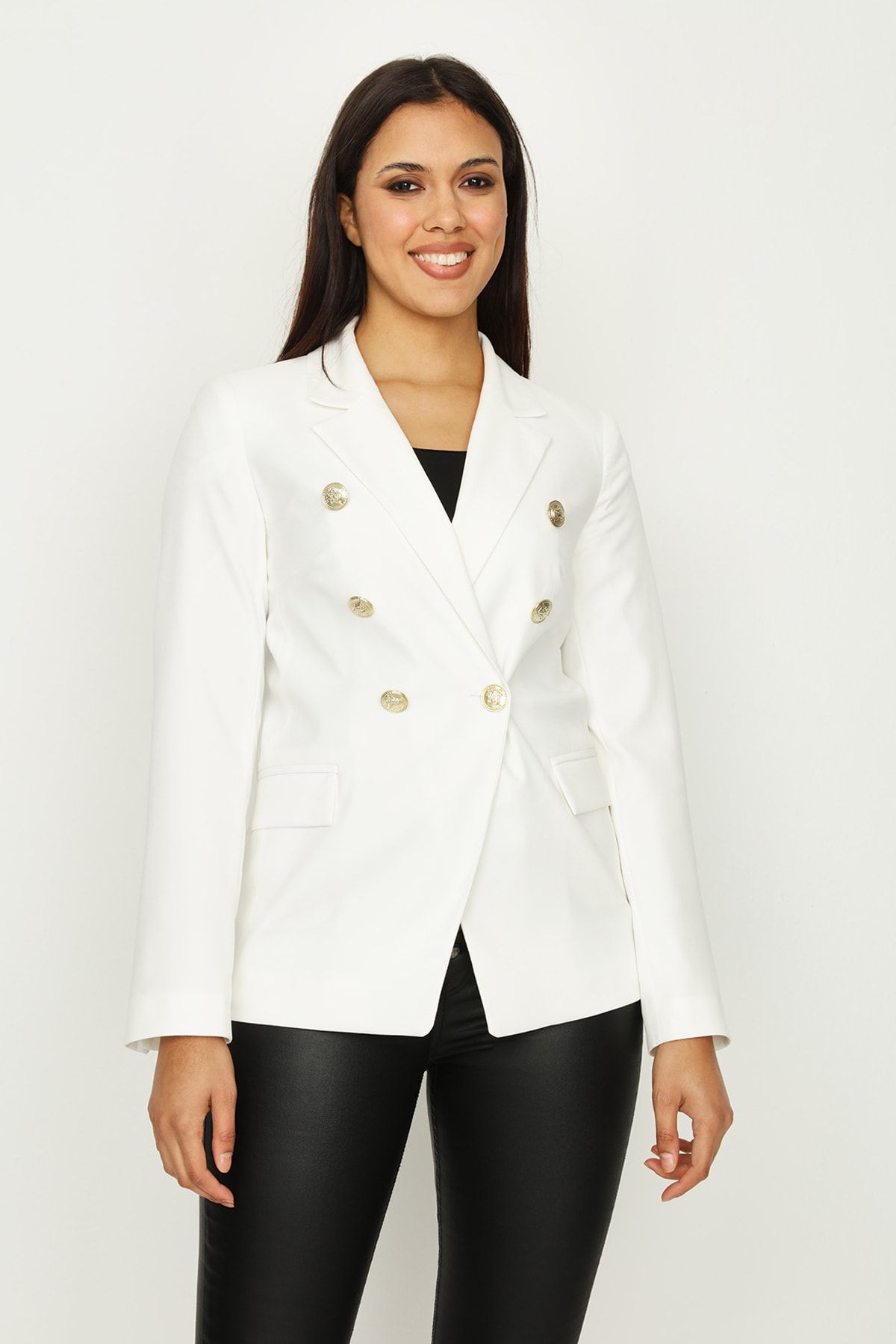 Select Moda Kadın Beyaz Gold Düğme Kapamalı Astarlı Blazer Ceket
