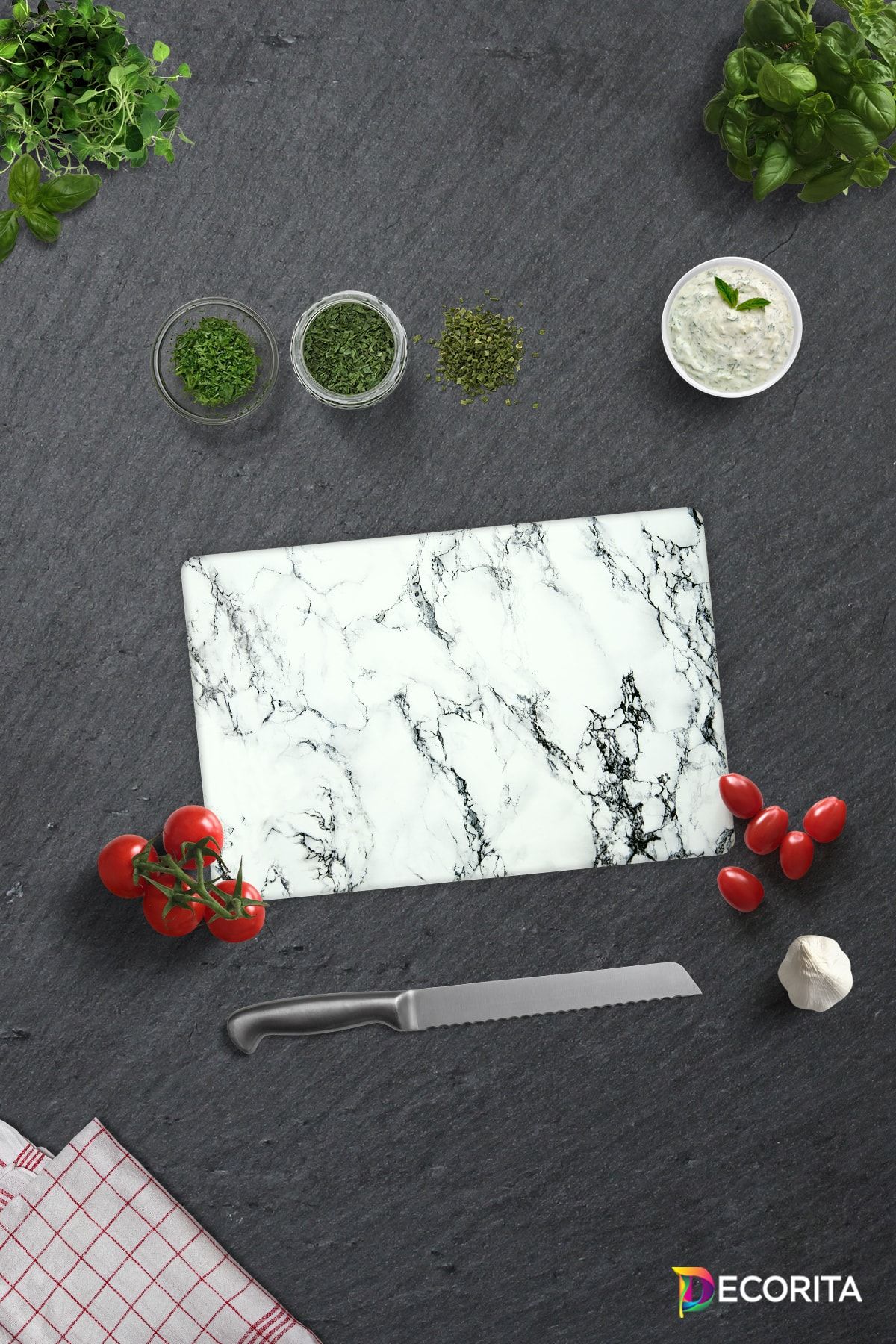 Decorita Beyaz Mermer Görünümlü | Cam Kesme Tahtası - Cam Kesme Tablası | 20cm X 30cm