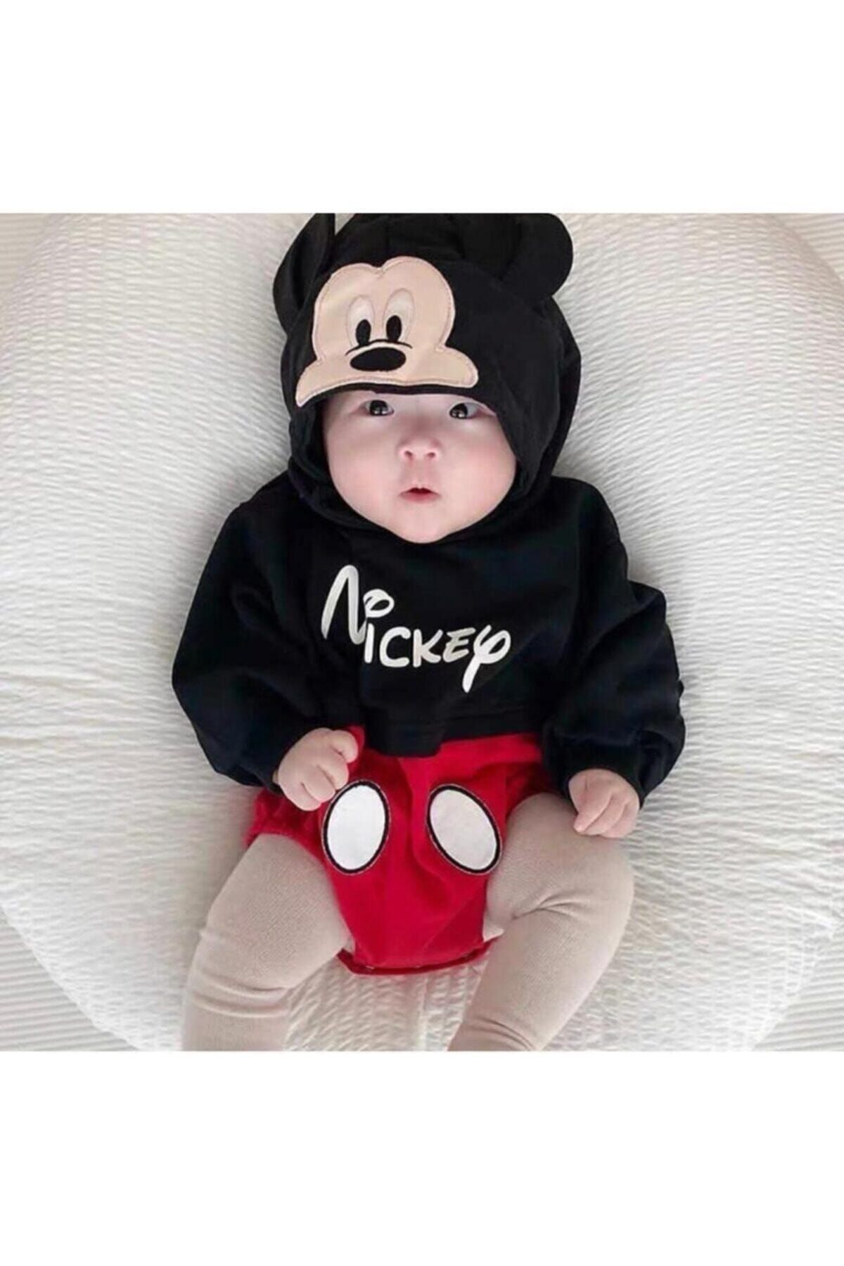 Murat Baby Siyah Erkek Bebek Kapşonlu Uzun Kol Fare Baskılı Badi