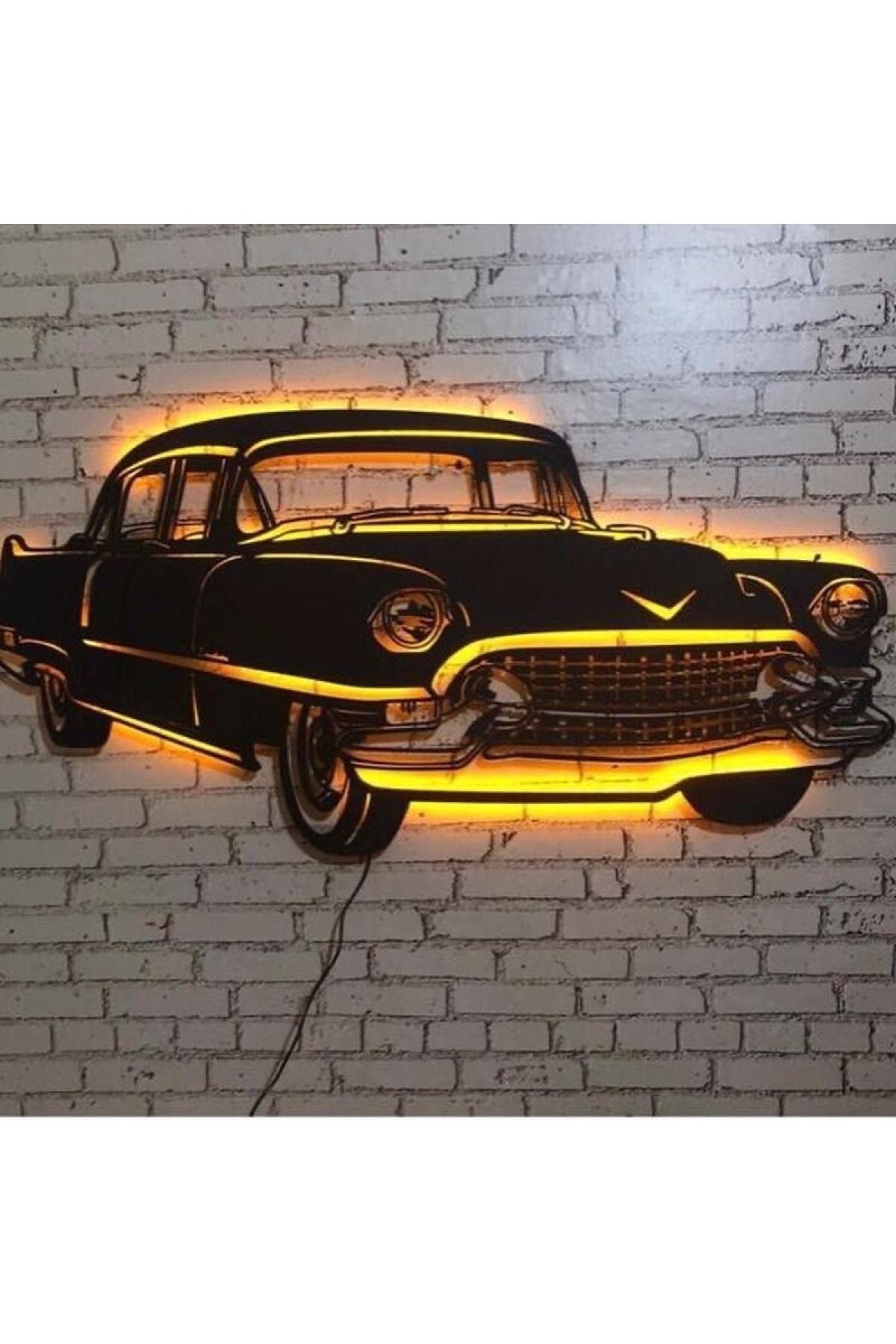BİR2BİR HEDİYELİK Klasik Araba Ledli Duvar Süsü Mdf Tablo Duvar Aksesuarı Ahşap Tablo