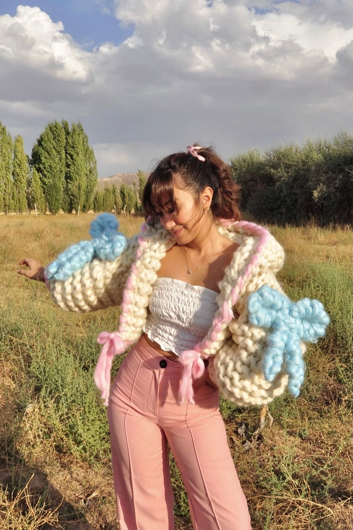 HEYAYS Cotton Candy El Örgüsü Kapüşonlu Hırka