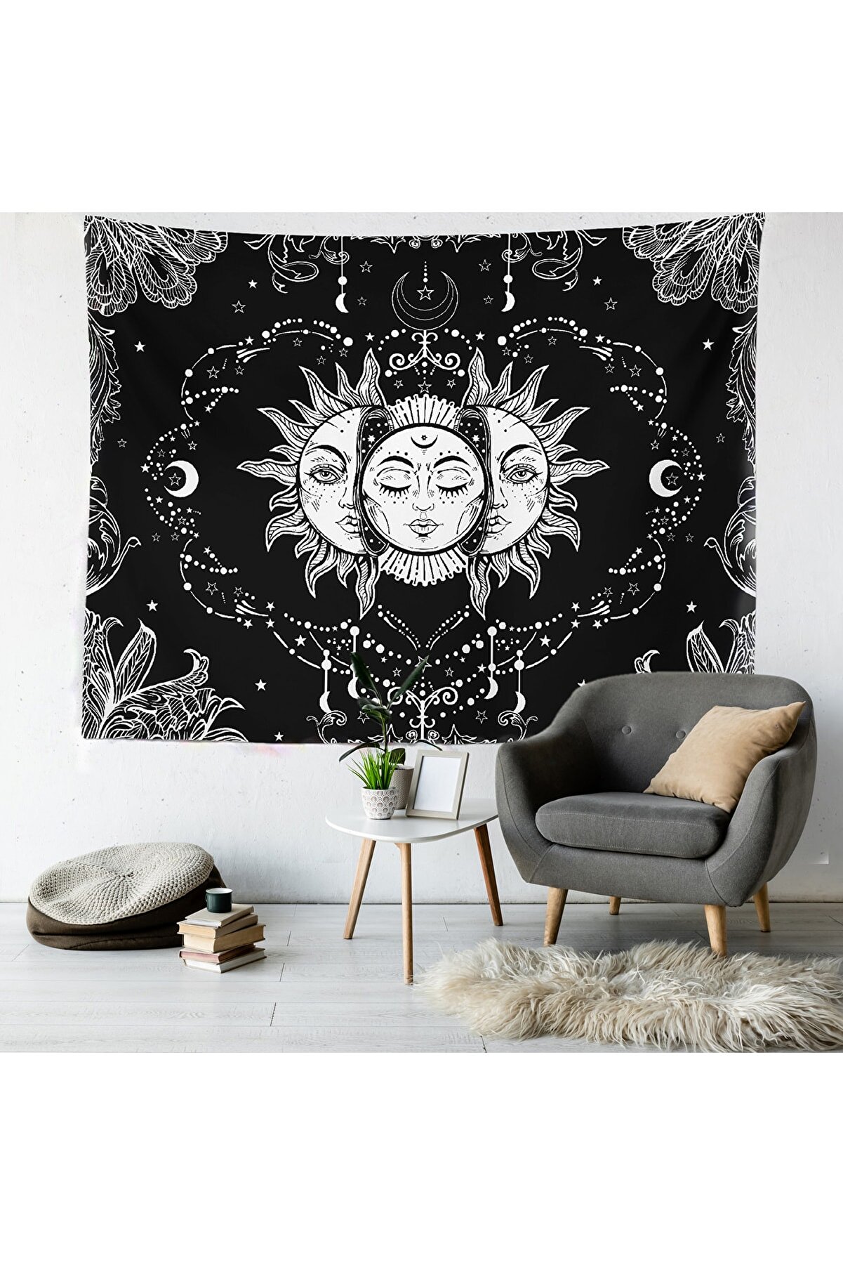 Kozmik Tapestry Güneş Ve Ay Duvar Örtüsü Kadife Duvar Halısı Tapestry 11 200x150 Cm