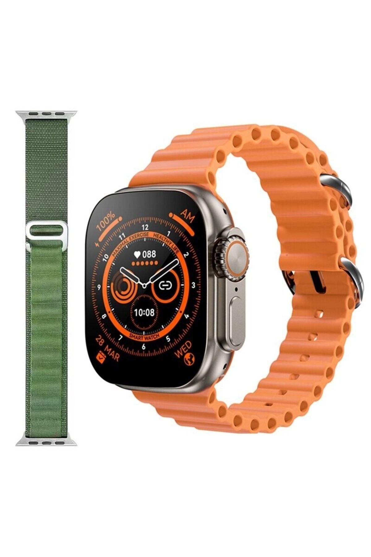 pazariz Gs8 Watch 8 Ultra Akıllı Saat Turuncu Türkçe Watch 2.02 Inc Yeşil Bez Kordon Hediye