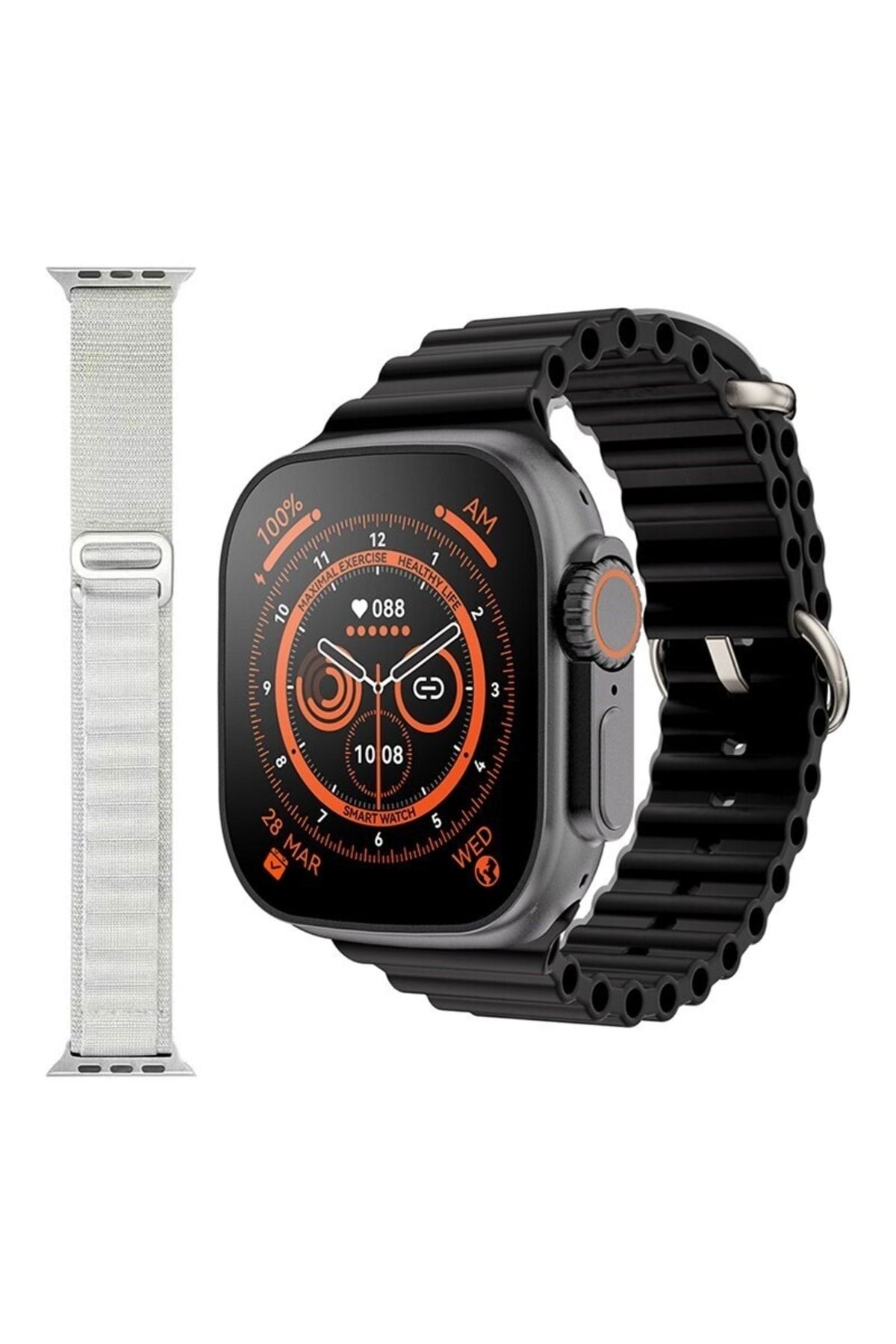 pazariz Gs8 Watch 8 Ultra Akıllı Saat Siyah Türkçe Watch 2.02 Inc Beyaz Dokuma Kordon Hediye