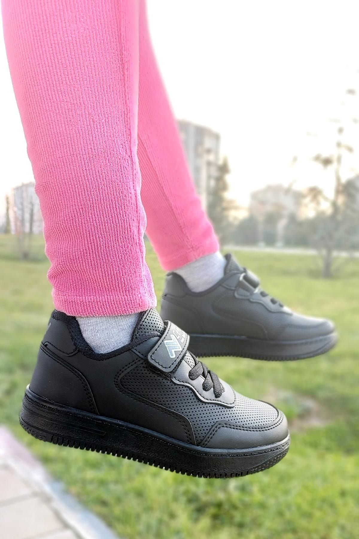Aleza Shoes Siyah - Unisex Cırtlı Çocuk Spor Ayakkabısı