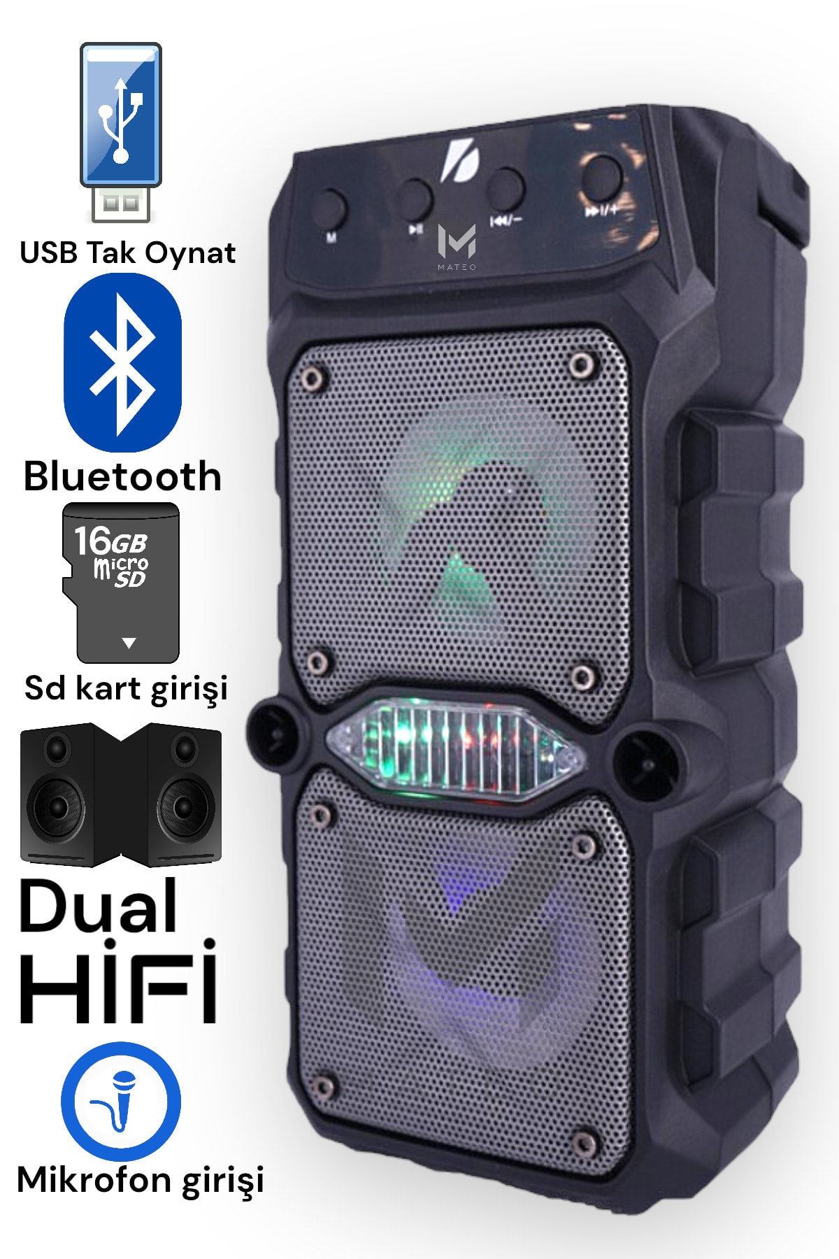 MATEO Outdoor Parti Hoparlörü Bluetooth Hoparlör 3 Inç × 2 Kablosuz Speaker Ses Bombas