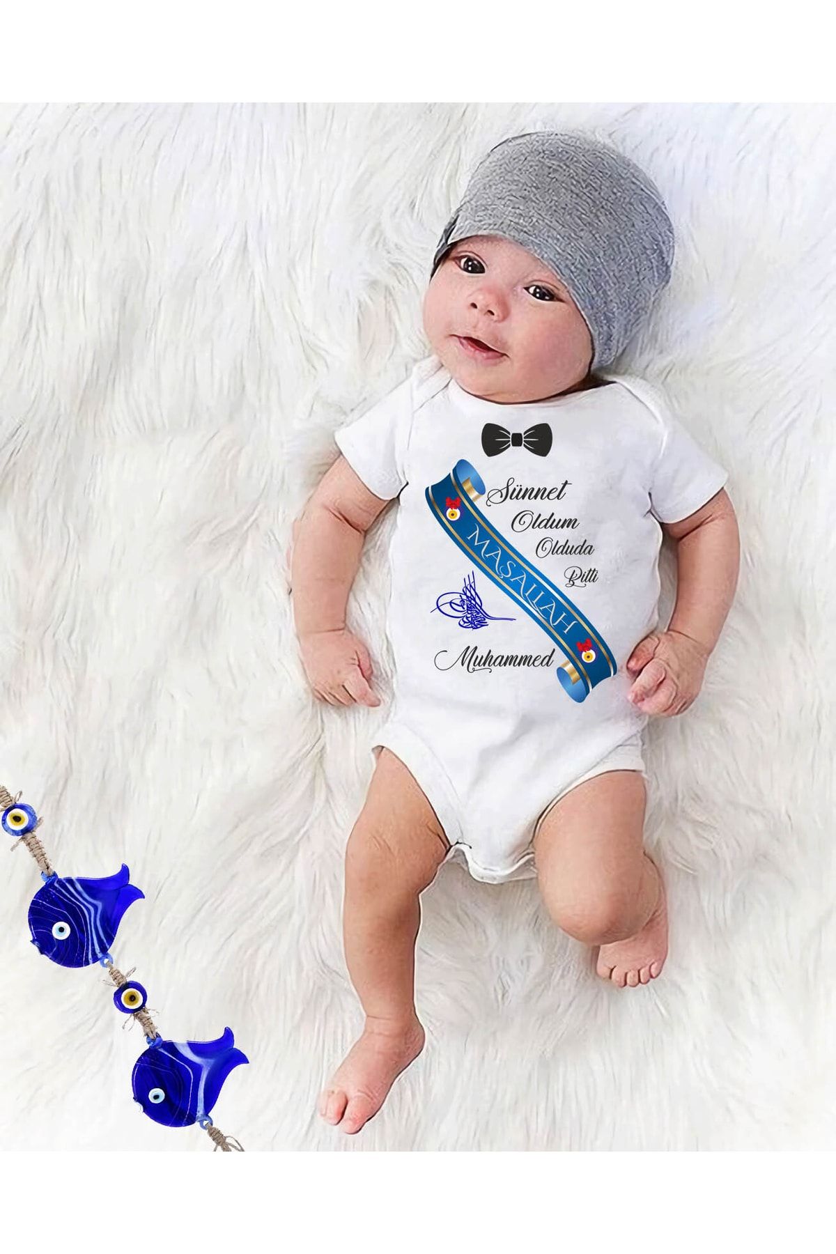 Baby&Baby Kısa Kollu Isim Yazılabilir Sünnet Oldum Tuğralı Pamuklu Organik Baskılı Erkek Bebek Body Zıbın