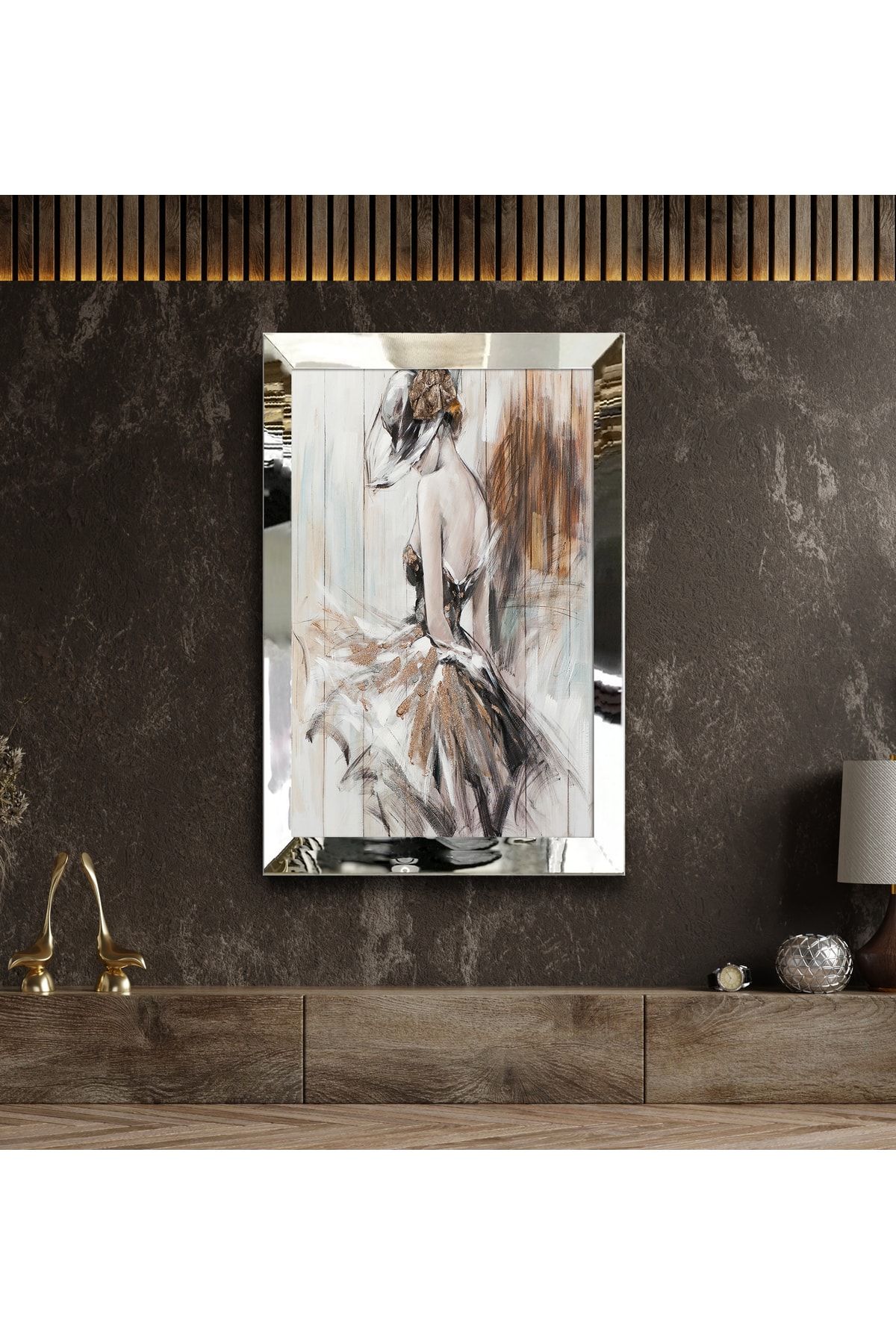 tablom burada Kabartmalı Büyük Boy Gümüş Ayna Çerçeveli Premium Soyut Abstract Çizim Efektli Kadın Figürü