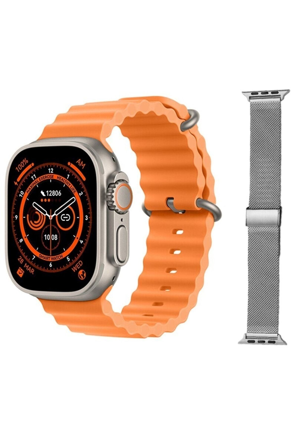 pazariz Gs8 Watch 8 Ultra Akıllı Saat Turuncu Türkçe Watch 2.02 Inc Gri Metal Kordon Hediye