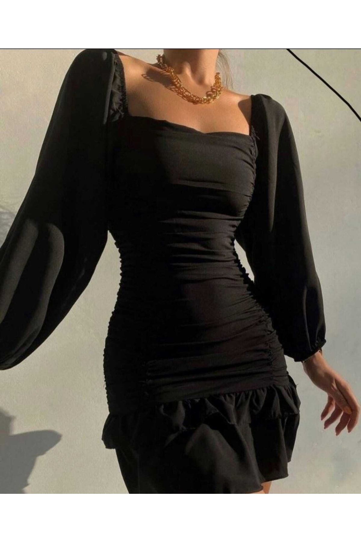 Secret Passion Lingerie Eteği Katlı Uzun Kollu Esnek Krep Kumaş Siyah Abiye Elbise Gece Elbisesi Mini Elbise 581878 639