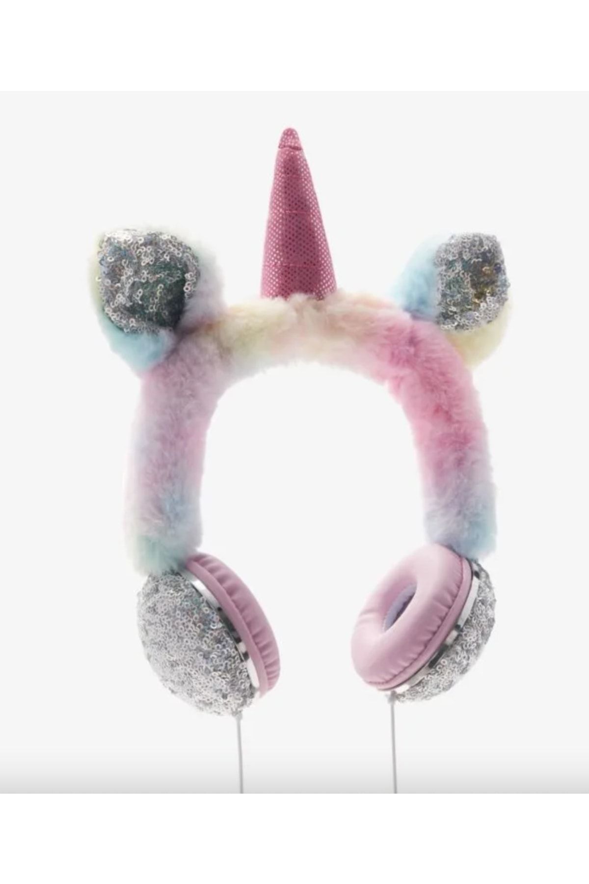 QUEEN AKSESUAR Ithal Lüks Peluş Tüylü Pullu Gökkuşağı Renkli Unicorn Kablolu Ayarlanabilir Kulaklık Yetişkin Çocuk