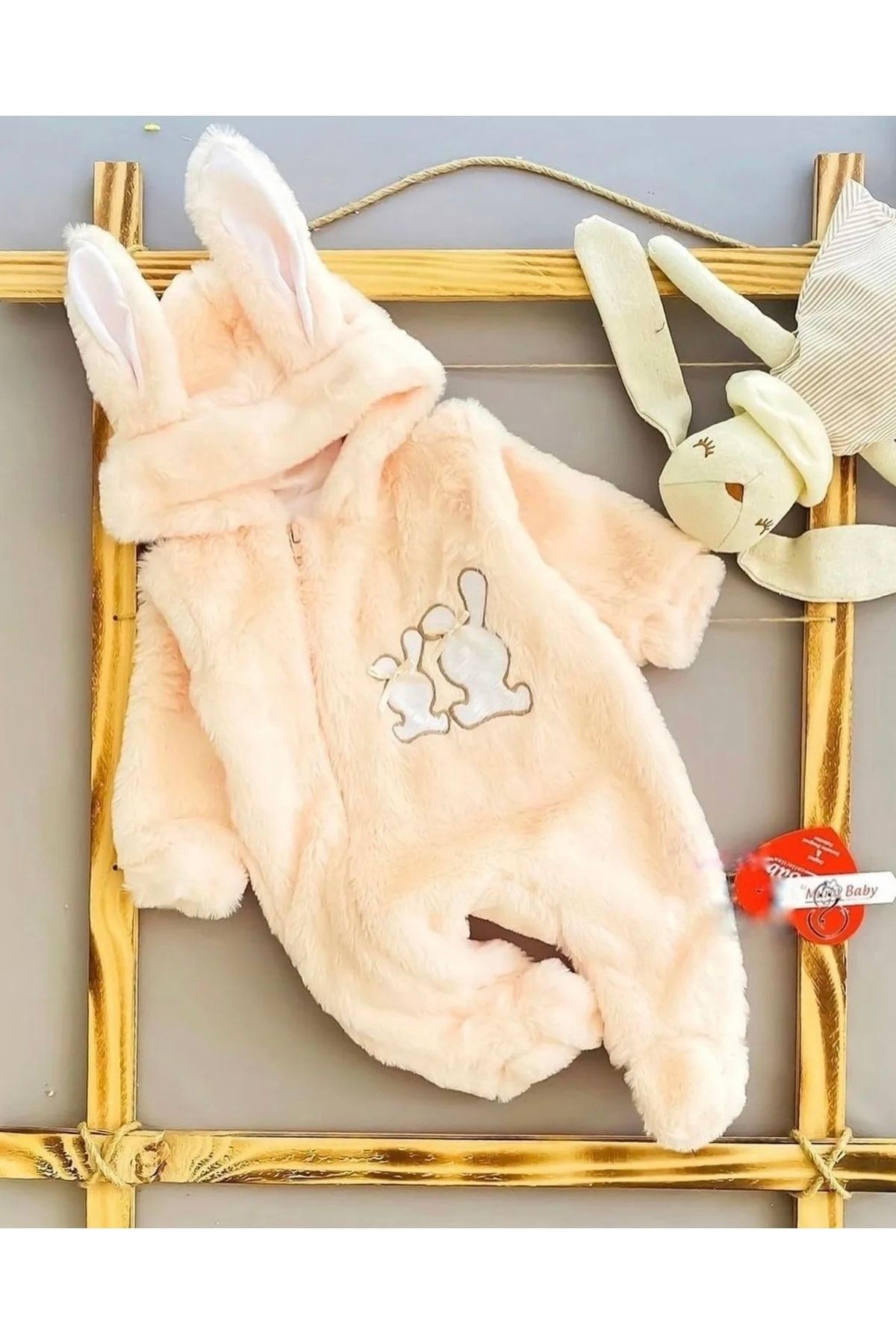 Murat Baby Kız Bebek Yumuşak Peluş Tulum Tavşan Kulaklı Patikli Fermuarlı