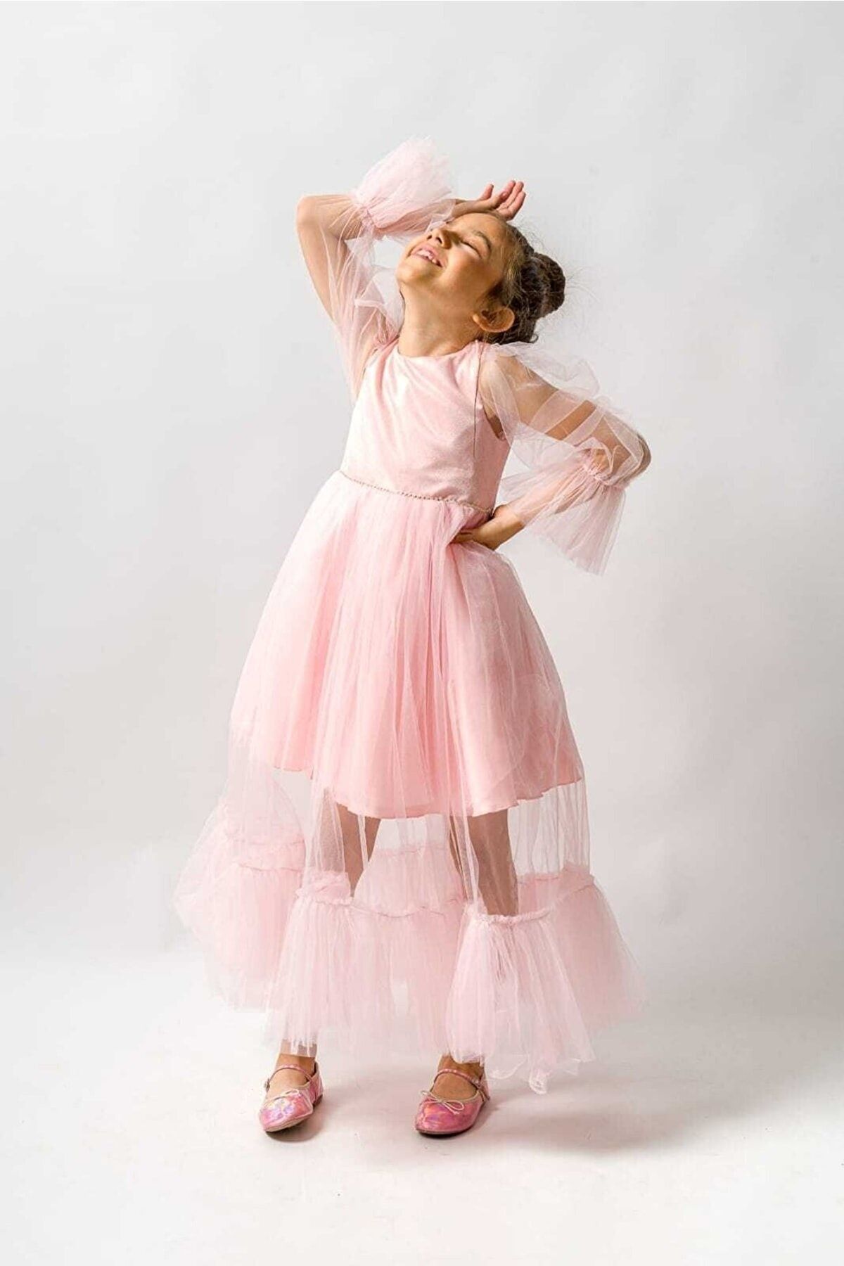 Magu Kız Çocuk Pembe Kolları Tüllü Kabarık Prenses Elbise