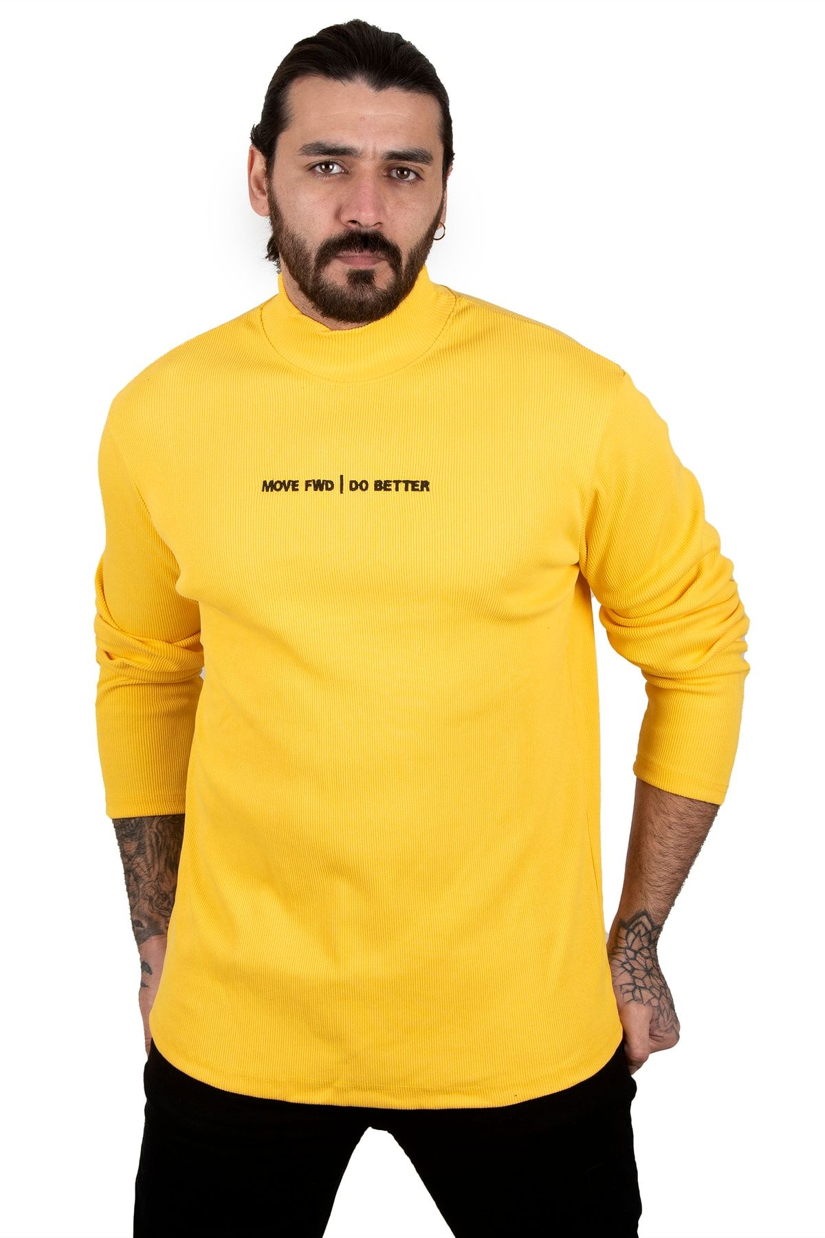 DeepSea Erkek Sarı Likralı Yarım Balıkçı Önü Nakışlı Yeni Sezon Sweatshirt 2303103