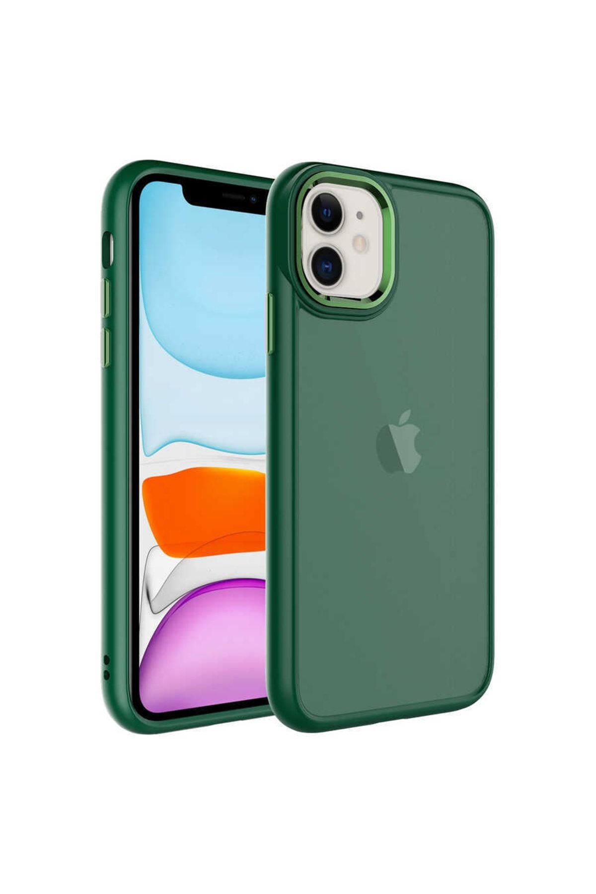 Fibaks Apple Iphone 11 Kılıf Metal Çerçeve Hassas Butonlu Renkli Buzlu Şeffaf Transparan Kapak