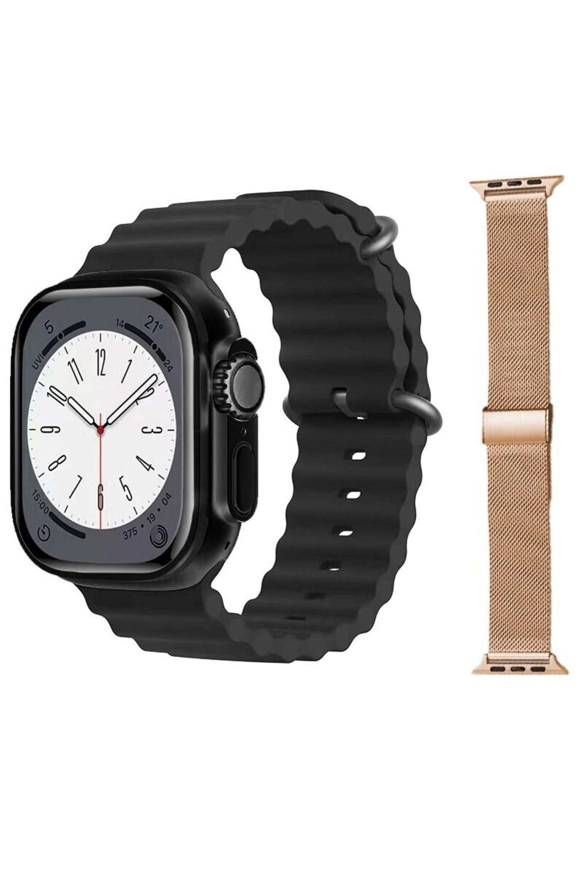 pazariz Gs8 Watch 8 Ultra Akıllı Saat Siyah Türkçe Watch 2.02 Inc Gold Metal Kordon Hediye