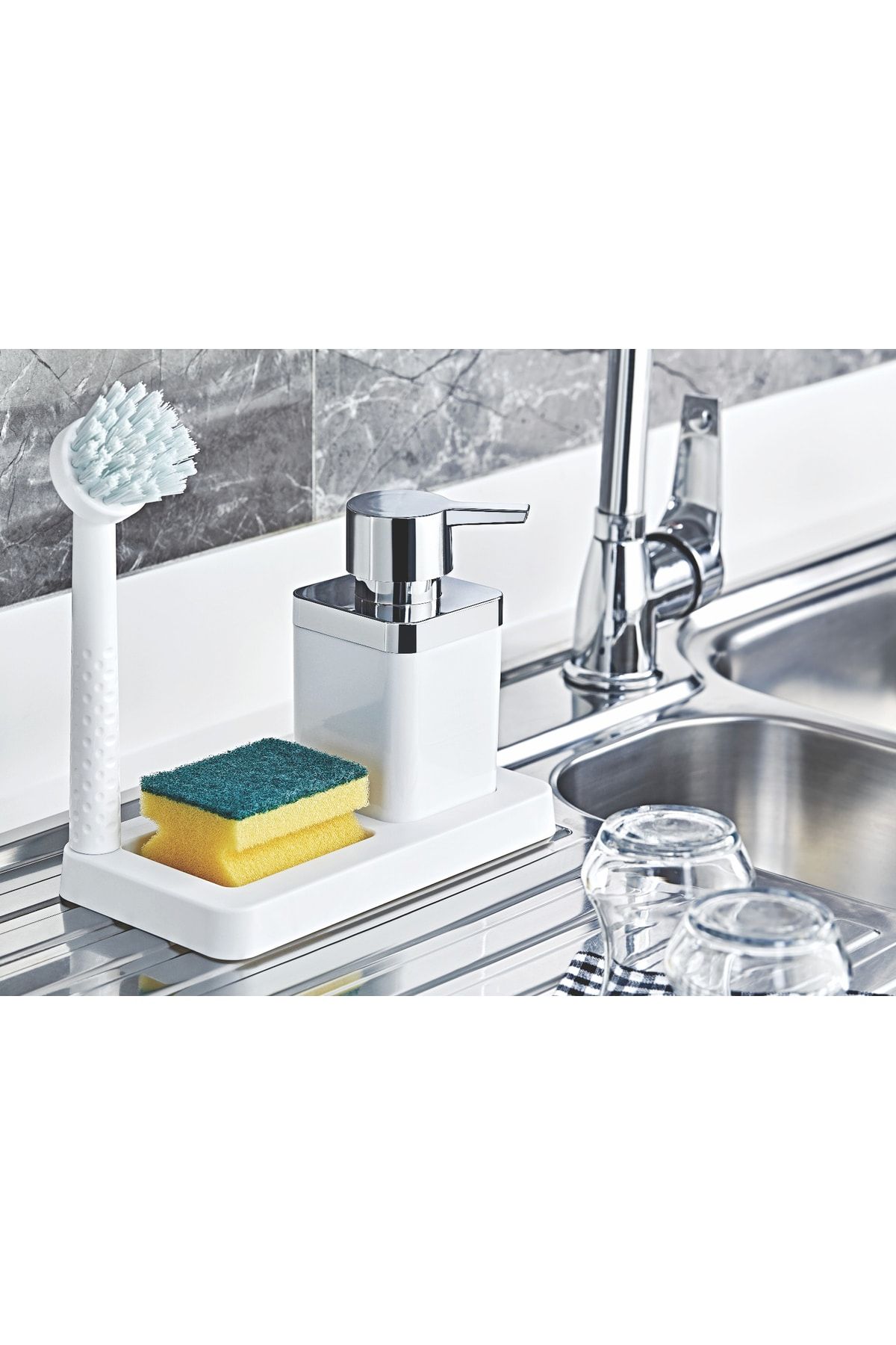 Muyika Design Muyika Fırçalı Sıvı Sabunluk Süngerlik Standlı Mutfak Banyo Seti Mtfk-01