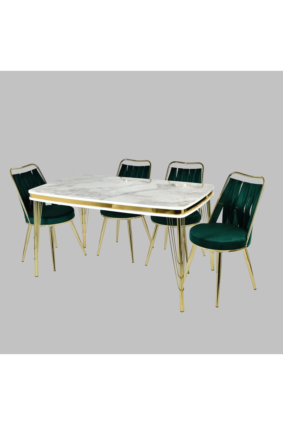 YZC Mutfak Salon Masa Sandalye Takımı 6 Adet Yeşil Sarmaşık Gold Sandalyeli Beyaz Mermer Masa