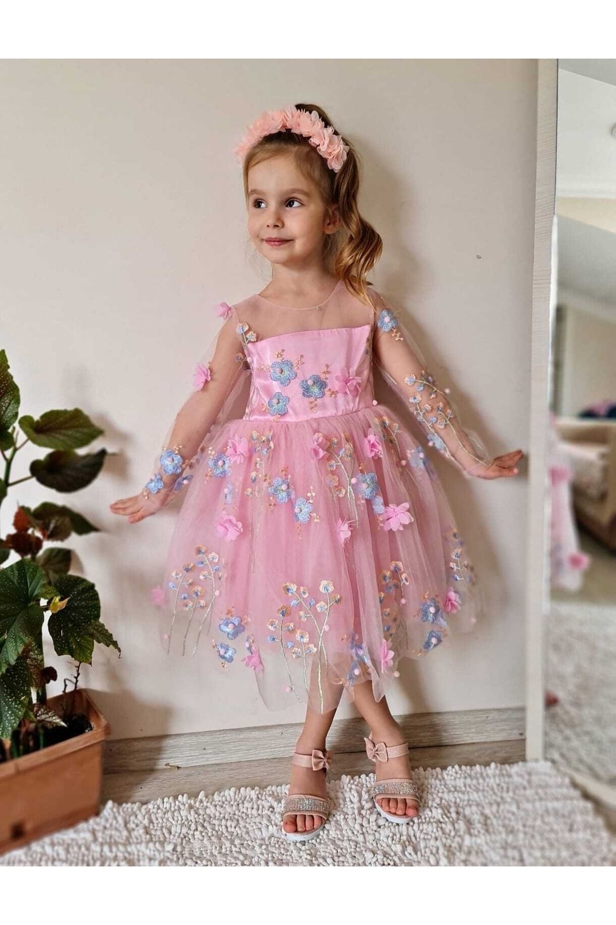 Sare Çocuk Giyim Kız Çocuk Pembe Çiçekli Tasarım Prenses Elbise Toka Hediyeli