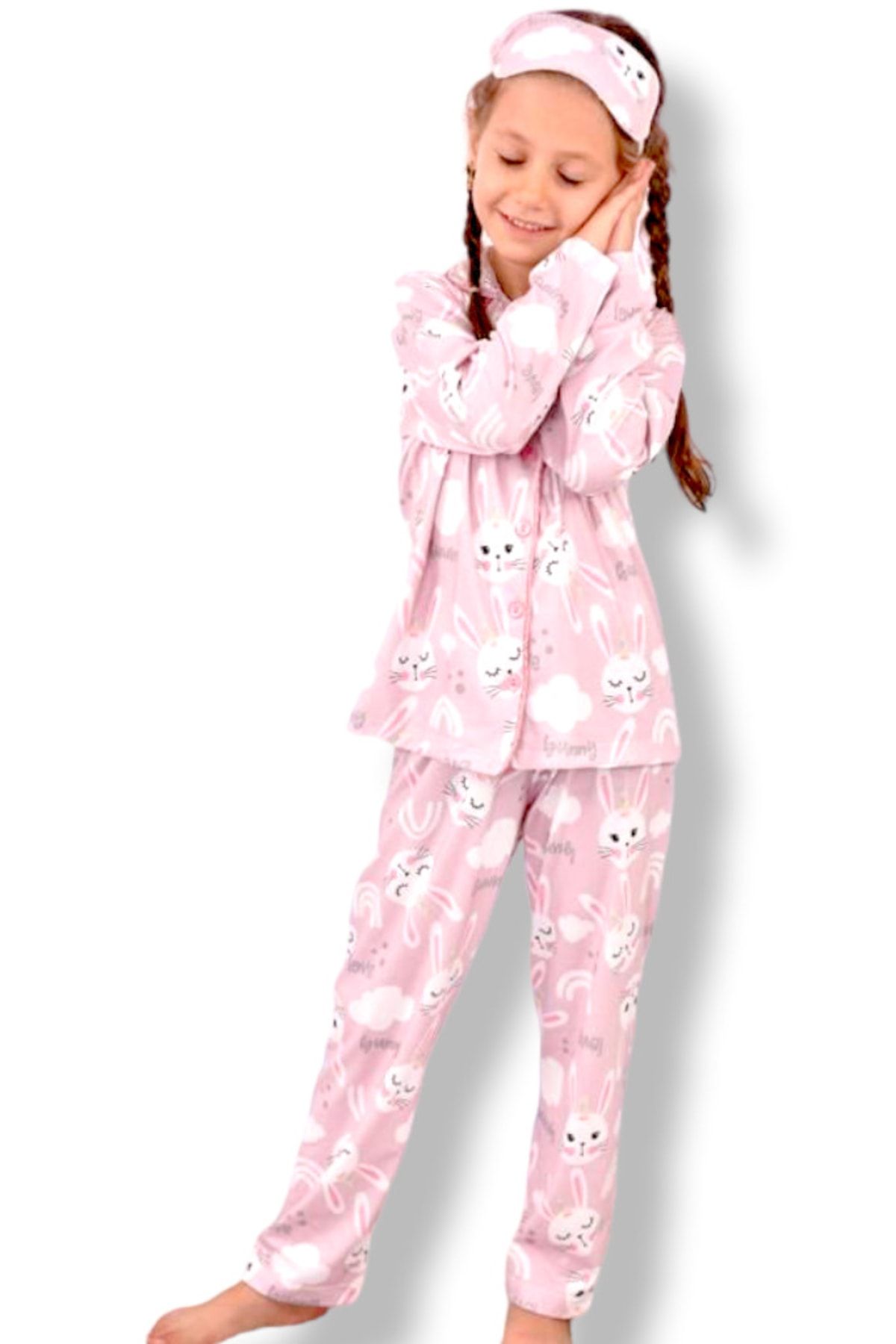 ASEL PİJAMALARI Kız Çocuk Pembe Renk Mickey Minnie Desenli Baskılı Pijama Takımı Göz Bandı Hediyeli