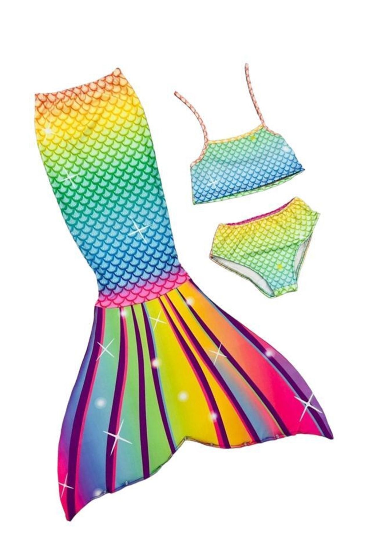 Lolliboomkids Kız Çocuk Deniz Kızı Kostüm Doğum Günü Konseptli Mayo Bikini 3'lü Set Takım Yıldız Gökkuşağı