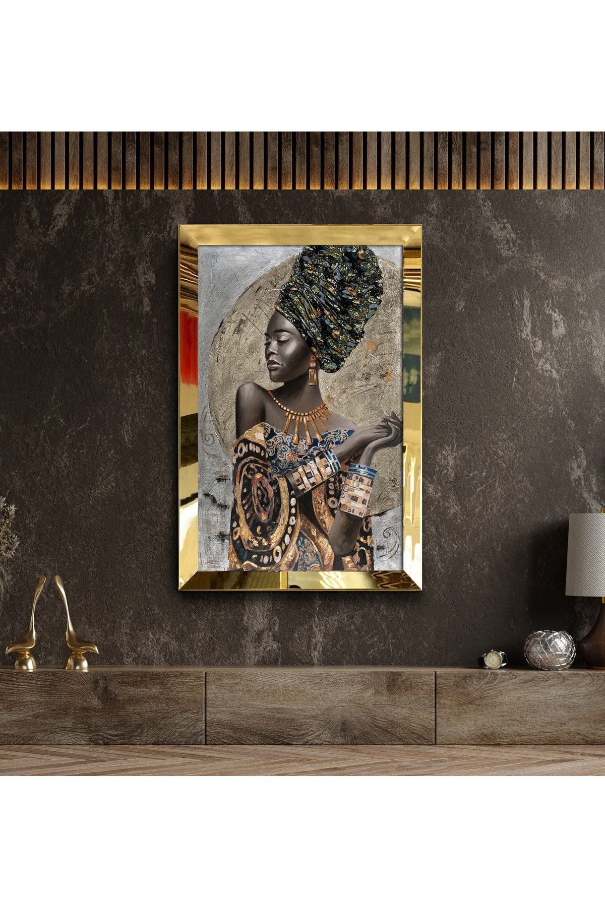 tablom burada Büyük Boy Gold Ayna Çerçeveli Premium Soyut Afrika Moda Tablosu