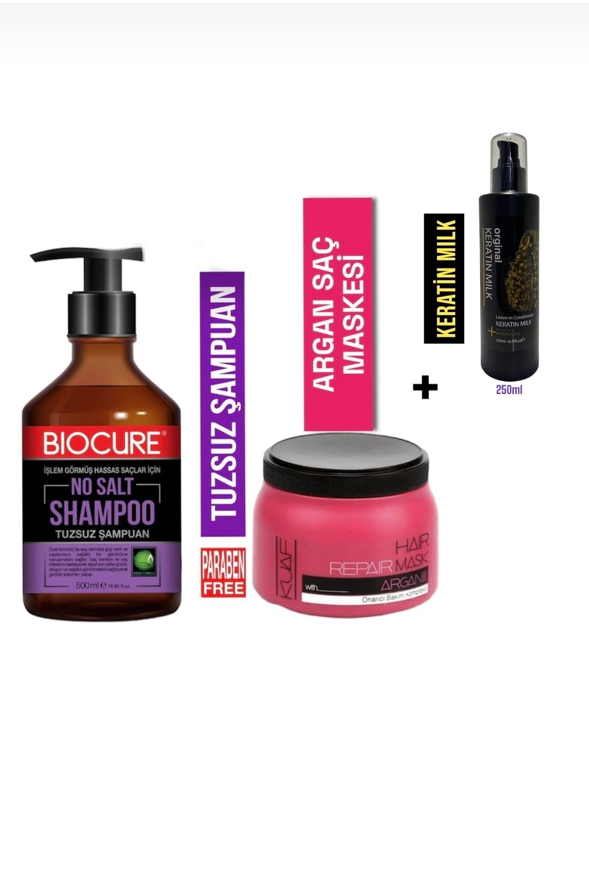 Biocure Tuzsuz Arındırıcı Saç Bakım Şampuanı 500ml Argan Saç Maskesi Keratin Sütü Hediye
