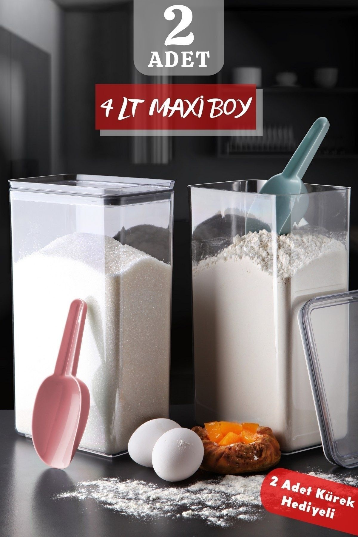 Nandy Home 2'li Maxi Boy Kürek Hediyeli Dikdörtgen Silikon Conta Kapaklı Un - Şeker Kabı 4 Lt