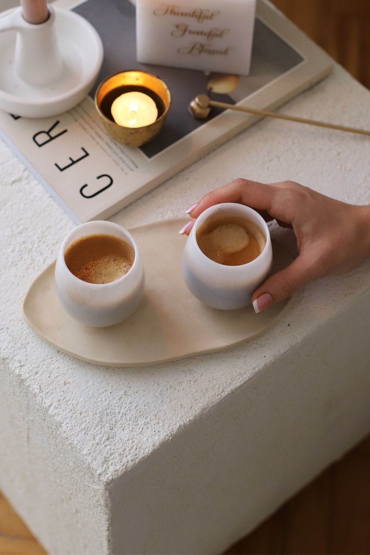 Palm Design Co El Yapımı Doğal Beyaz Mermer 2 Kişilik Kahve Fincan Takımı/ 2li Set Kahve Fincanı Seti