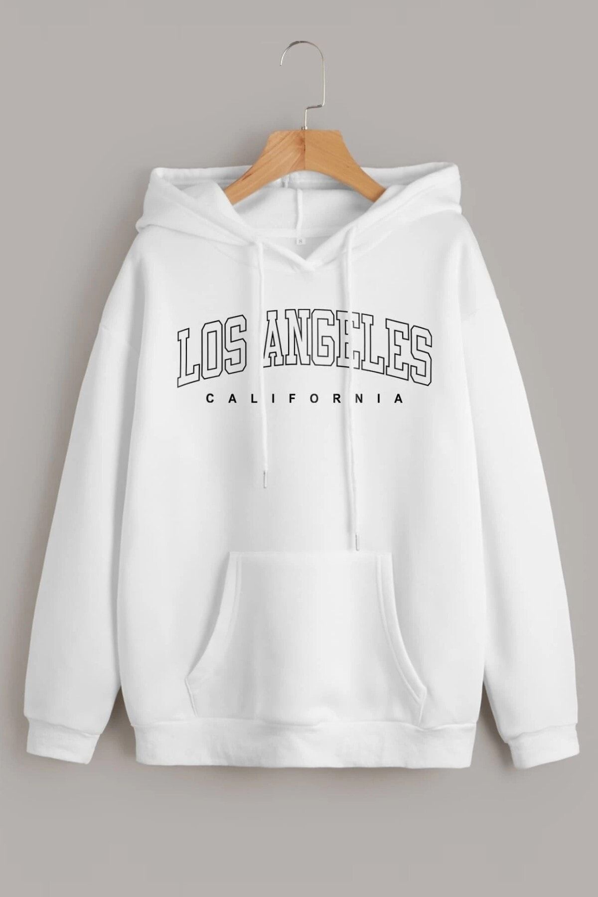 MODAGEN Unisex Beyaz Los Angeles Baskılı Kapüşonlu Oversize Sweatshirt Hoodie