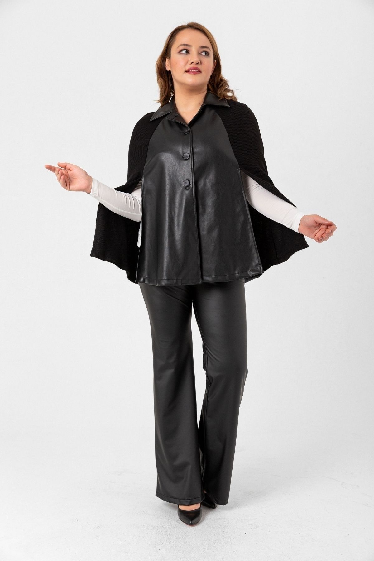 Laranor Siyah Büyük Beden Gömlek Yaka Suni Kalın Deri&kaşkorse Özel Tasarım Pelerin&panço
