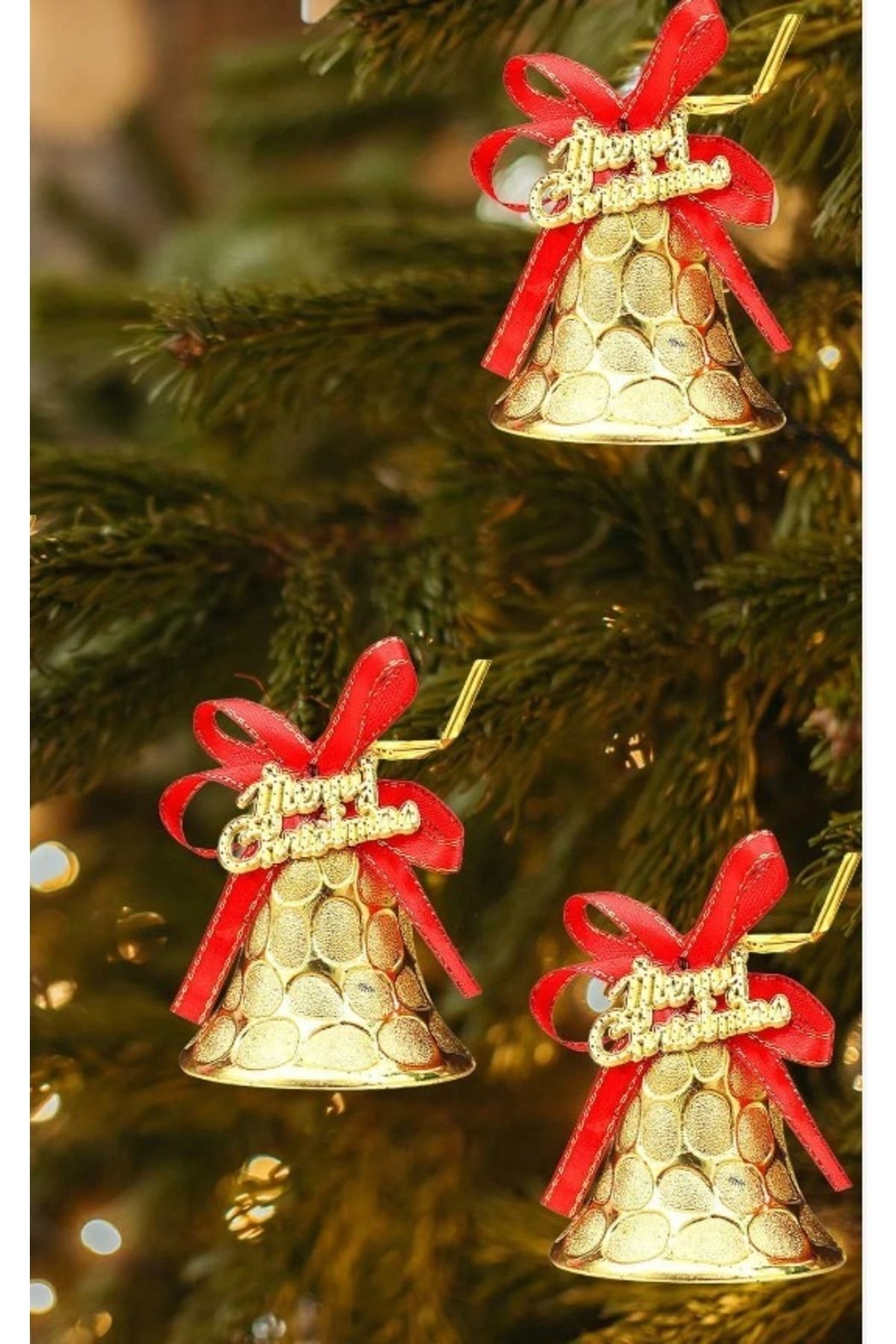 QUEEN AKSESUAR Yeni Yıl Yılbaş Ithal 6lı Merry Christmas Yazılı Çam Ağacı Dekorasyon Süs Çan Zil Gold Altın