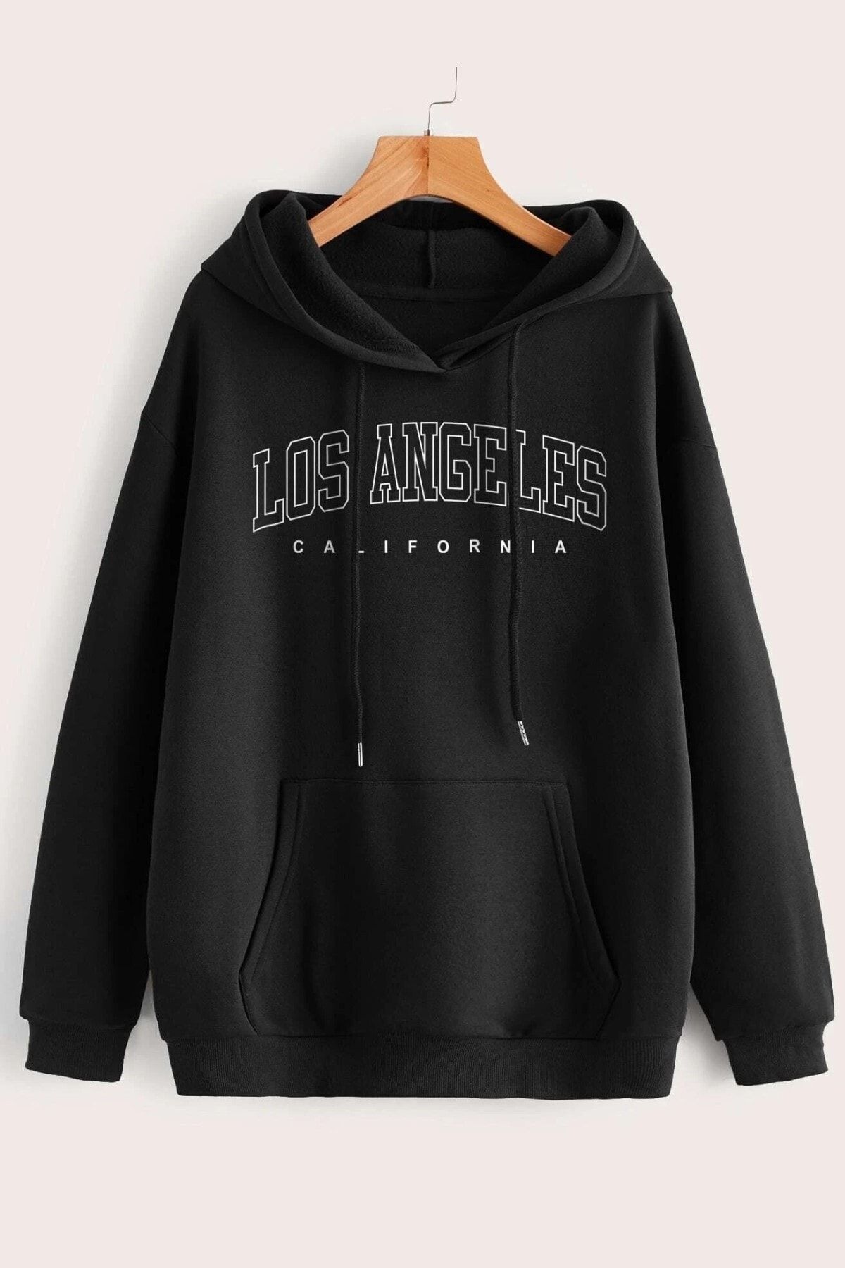 MODAGEN Unisex Siyah Los Angeles Baskılı Kapüşonlu Oversize Sweatshirt Hoodie