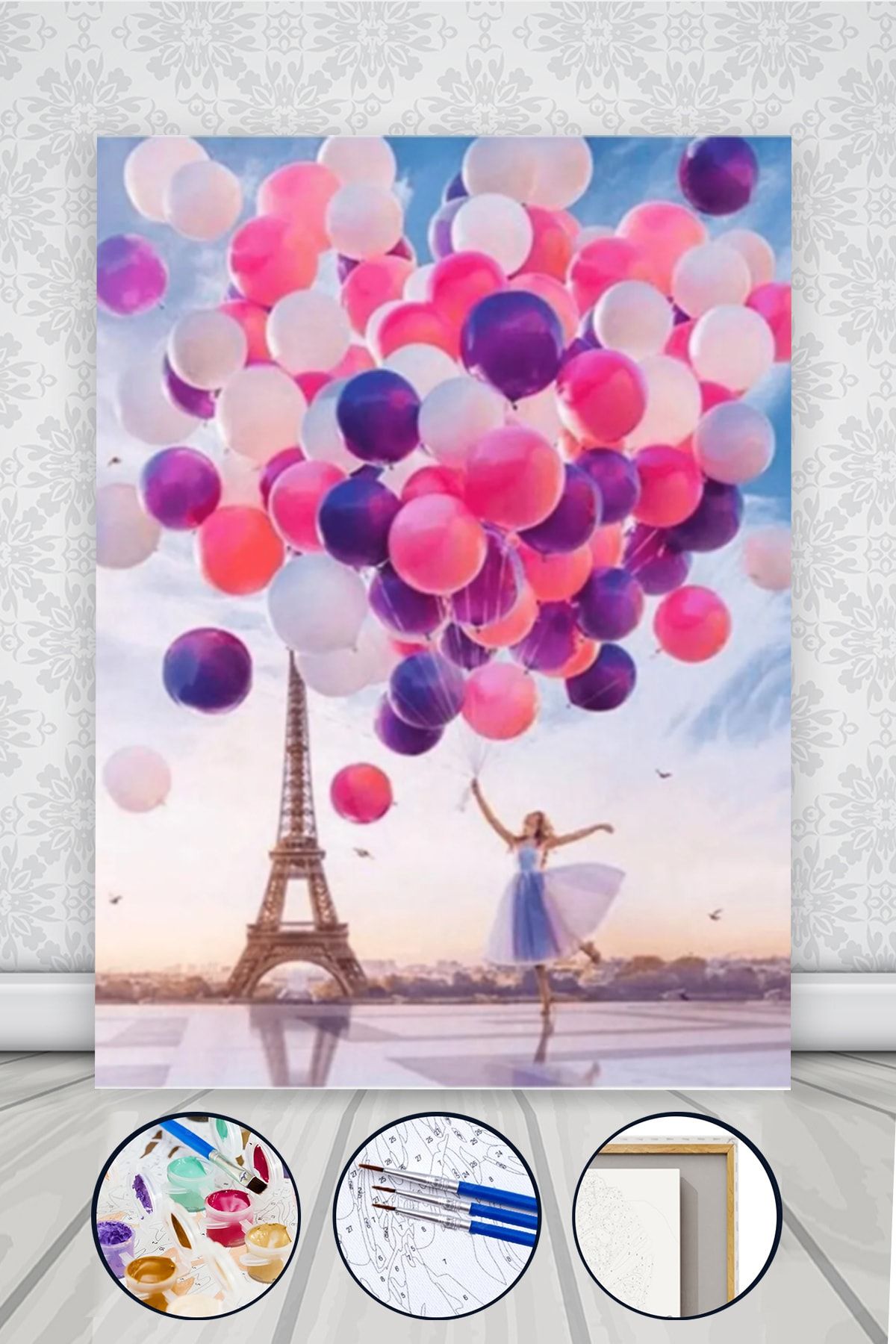 trend hobby Eyfel Kulesi, Kadın ve Romantik Balonlar Sayılarla Boyama Hobi Seti 40x50 cm (Tuval Şasesine Gerili)
