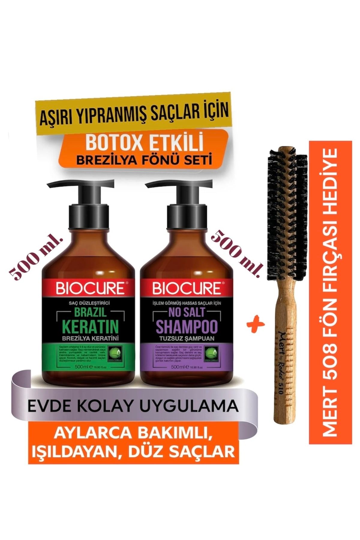 Biocure Saç Düzleştirici Keratin Bakımı Brezilya Fönü 500ml + Parabensiz Tuzsuz Şampuan Mert Fırça